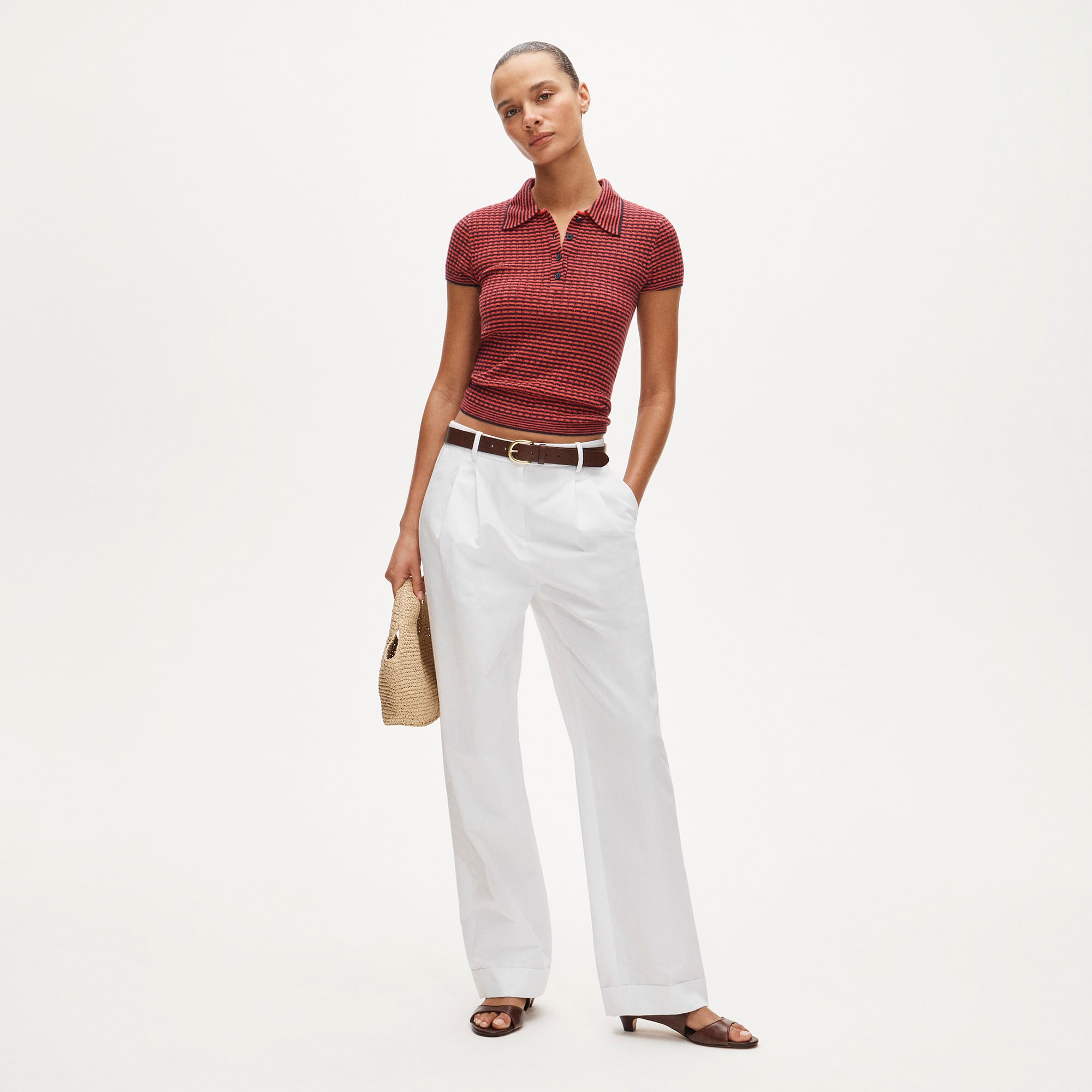 Featherweight ribbed cashmere short-sleeve sweater-polo in stripe