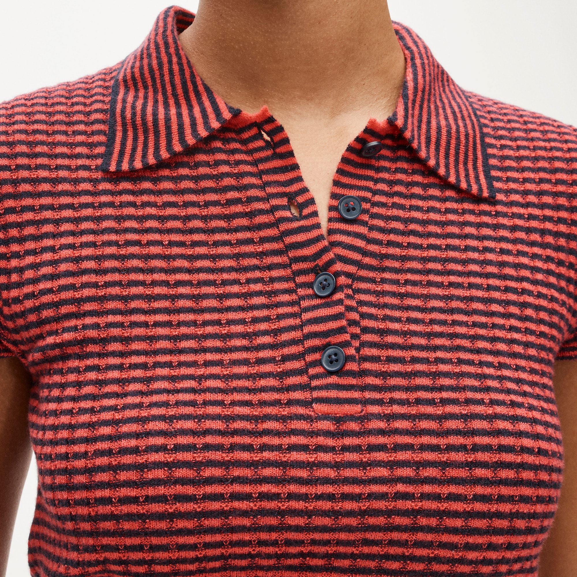 Featherweight ribbed cashmere short-sleeve sweater-polo in stripe
