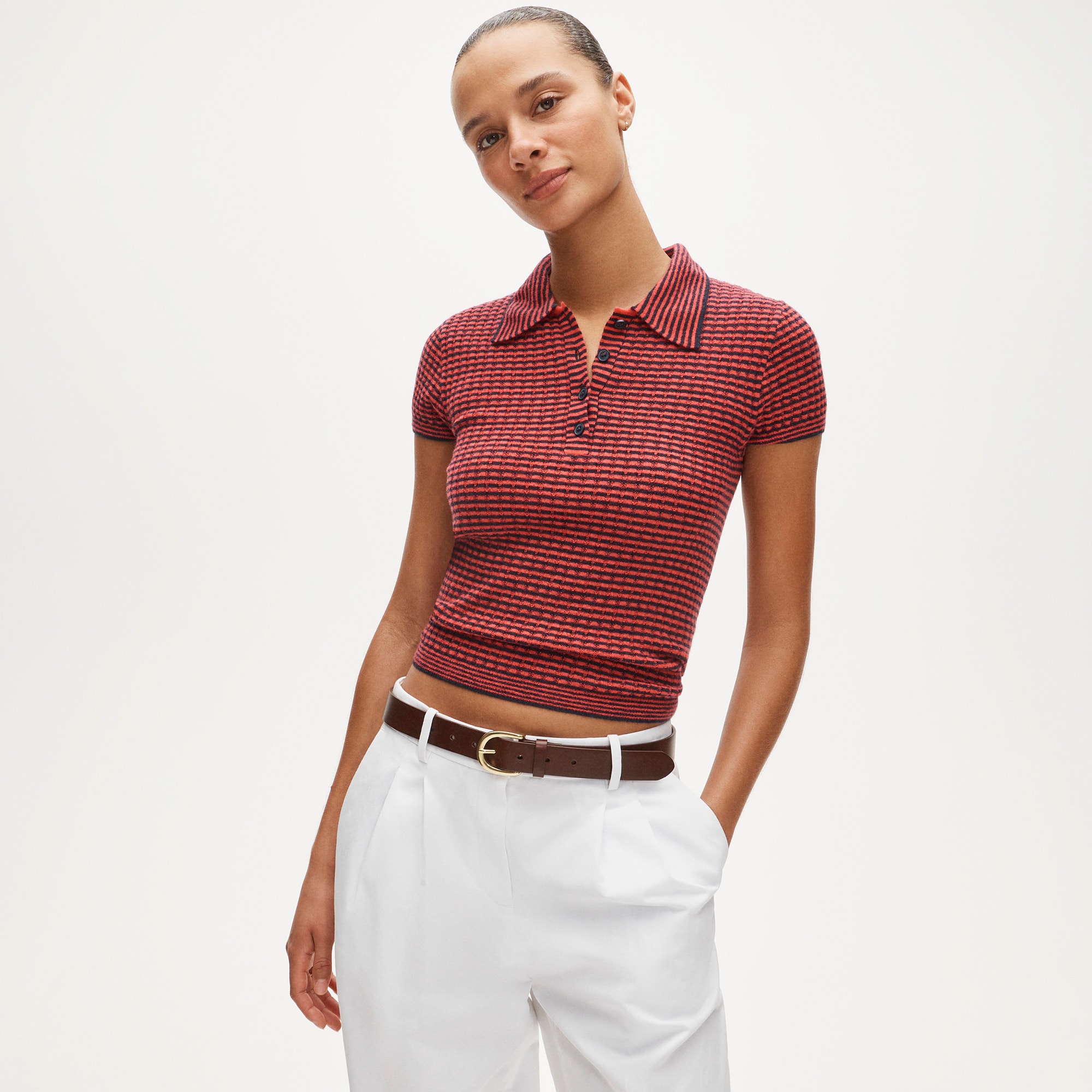 Featherweight ribbed cashmere short-sleeve sweater-polo in stripe