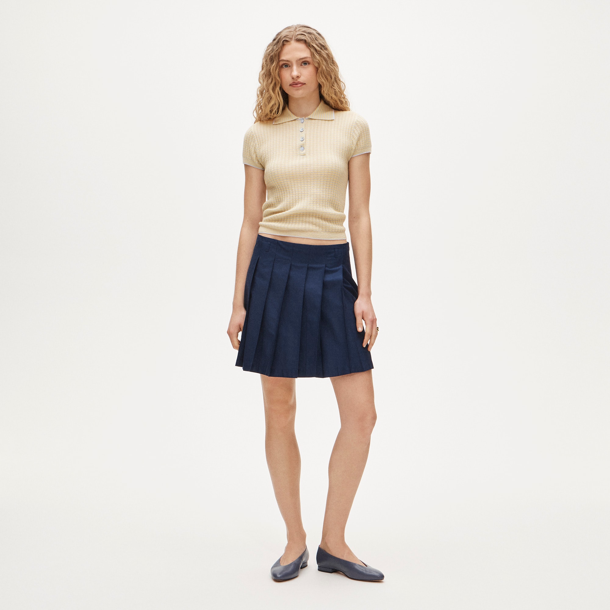 Featherweight ribbed cashmere short-sleeve sweater-polo in stripe
