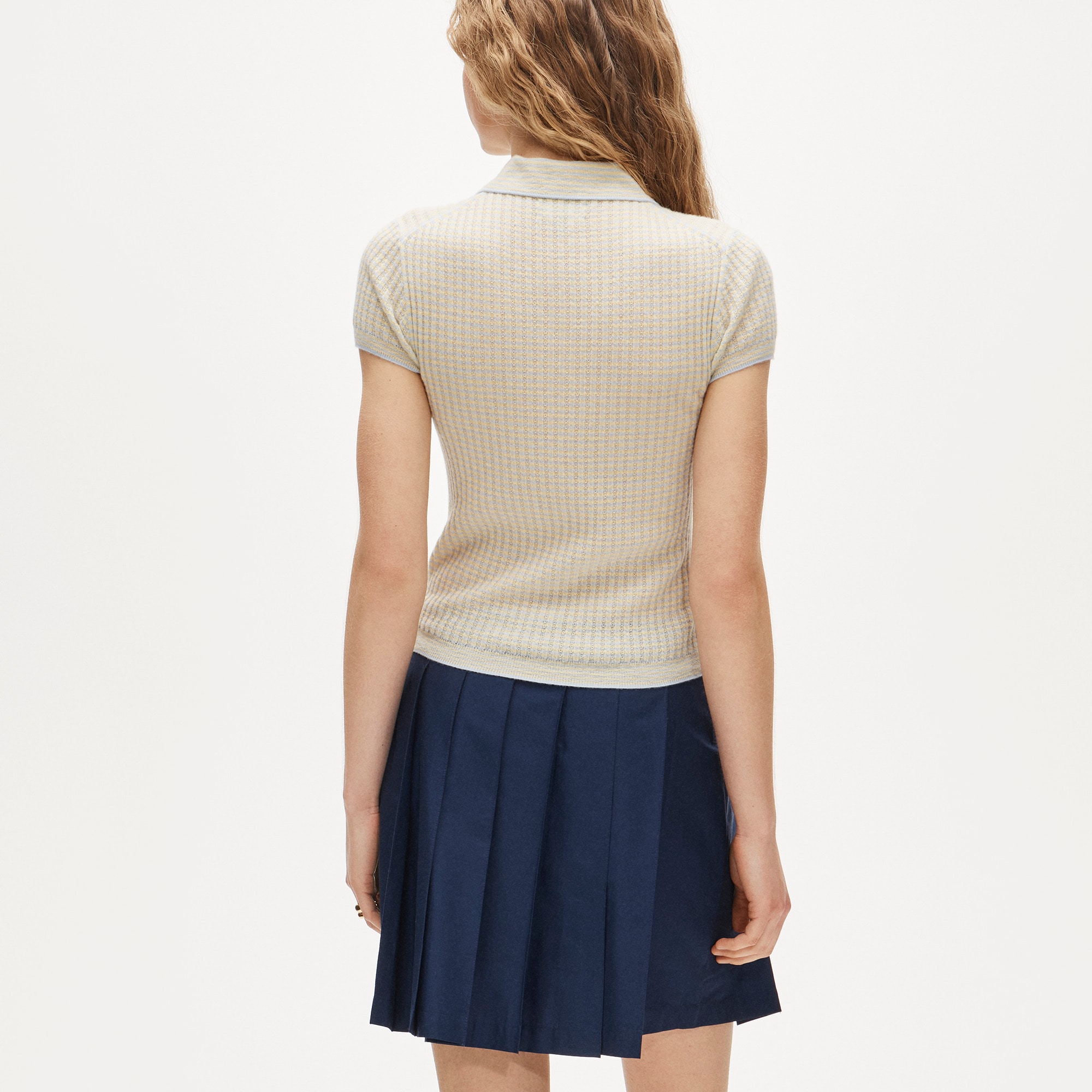 Featherweight ribbed cashmere short-sleeve sweater-polo in stripe