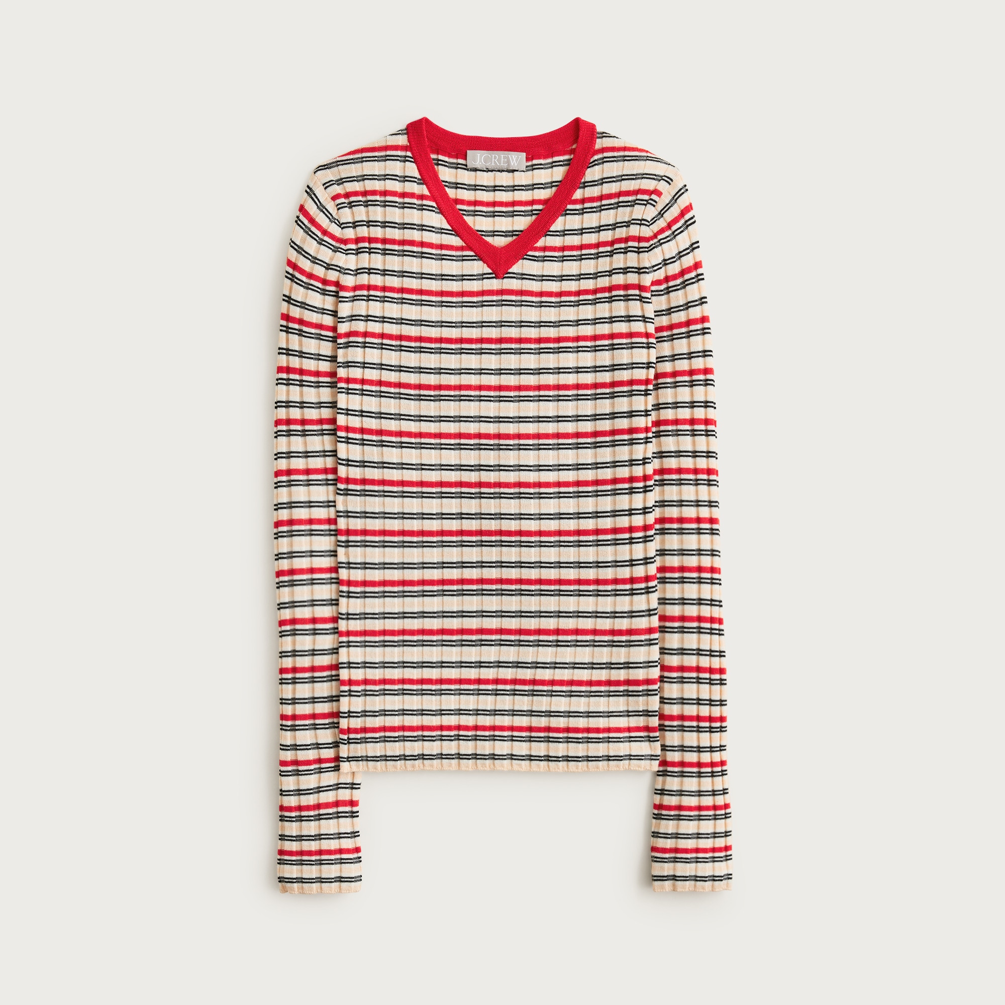  Wide-rib high V-neck sweater in striped merino wool