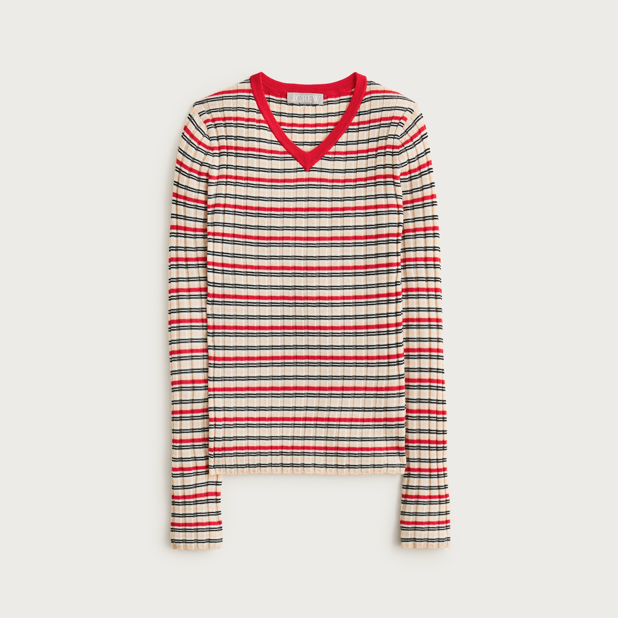 Wide-rib high V-neck sweater in striped merino wool