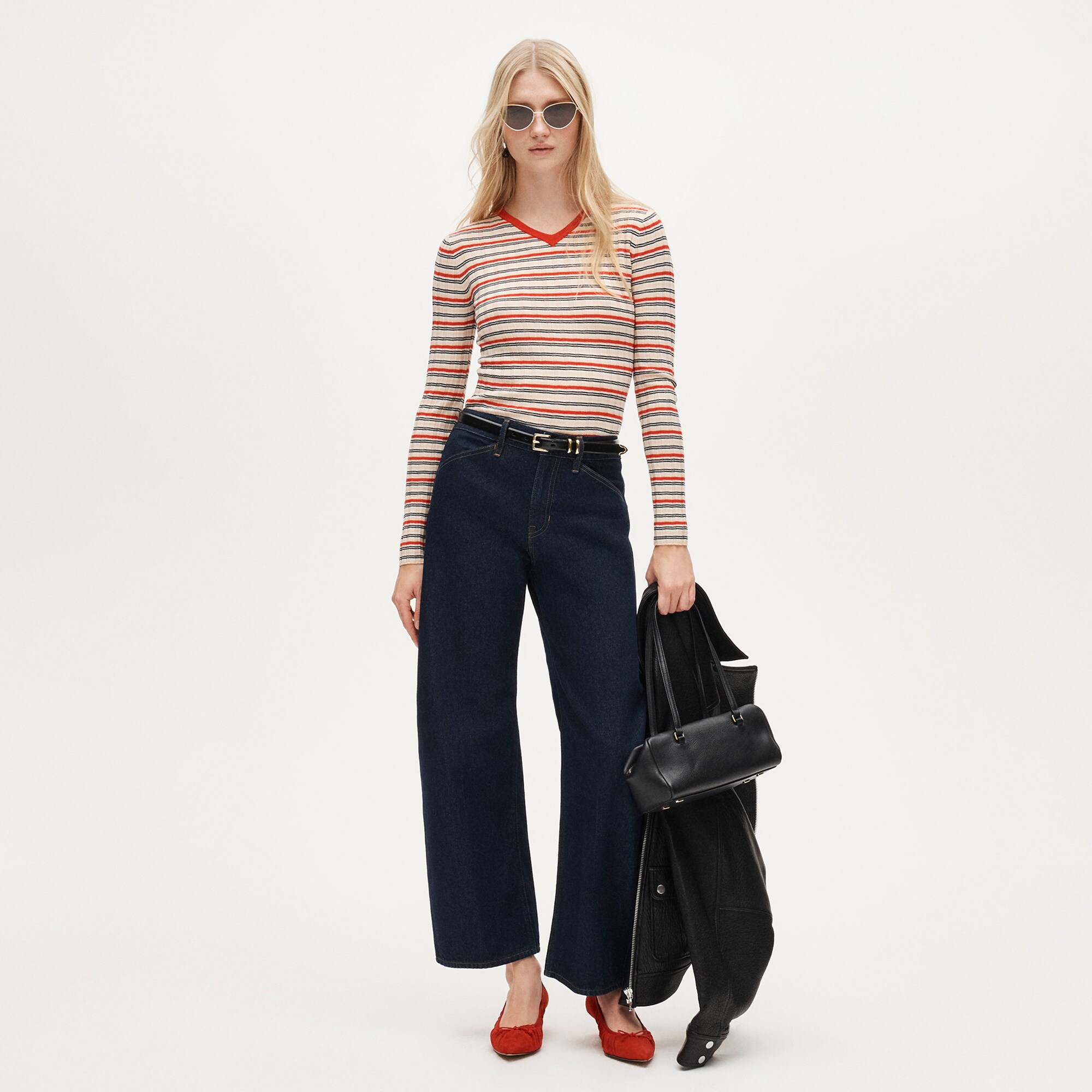 Wide-rib high V-neck sweater in striped merino wool