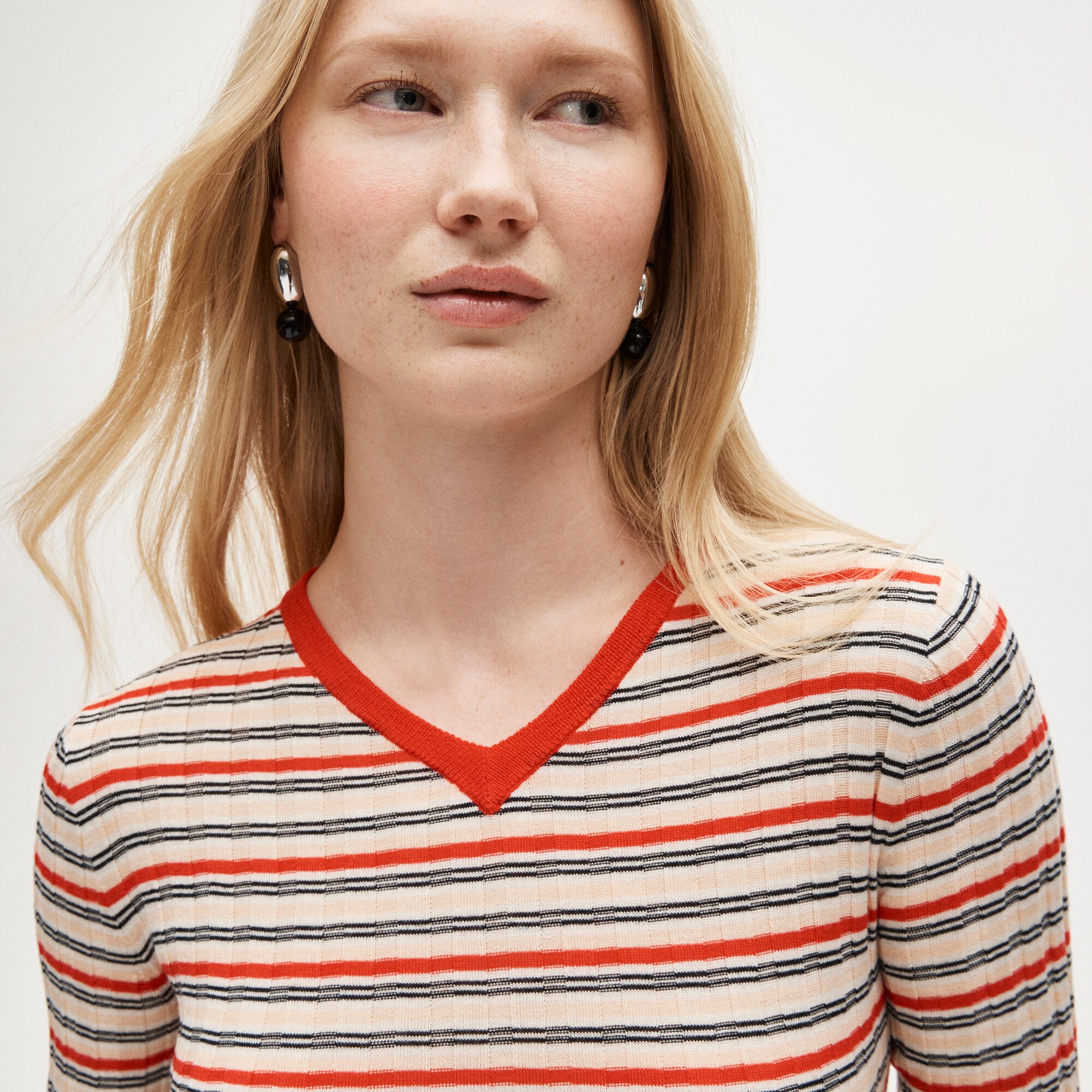 Wide-rib high V-neck sweater in striped merino wool