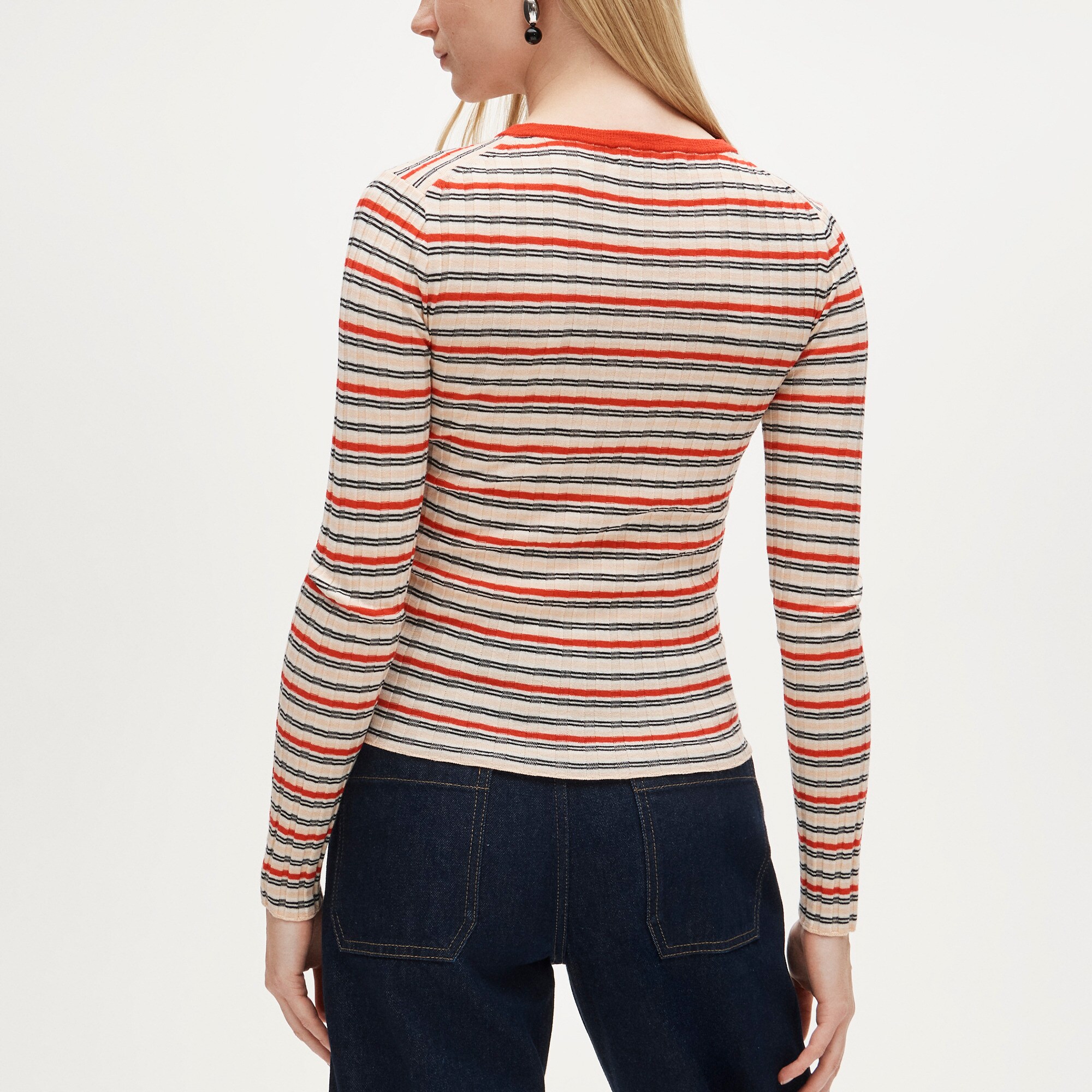 Wide-rib high V-neck sweater in striped merino wool
