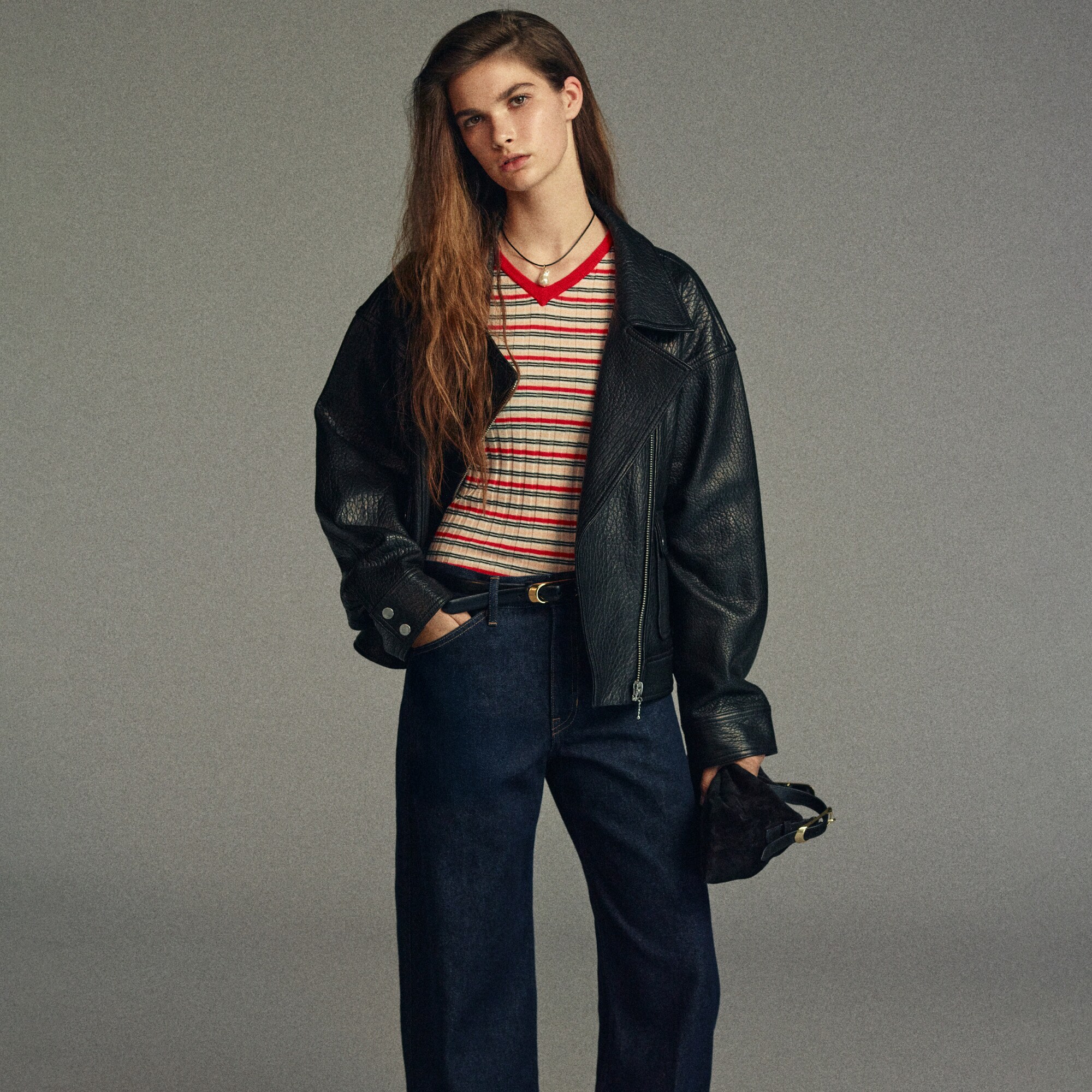 Wide-rib high V-neck sweater in striped merino wool
