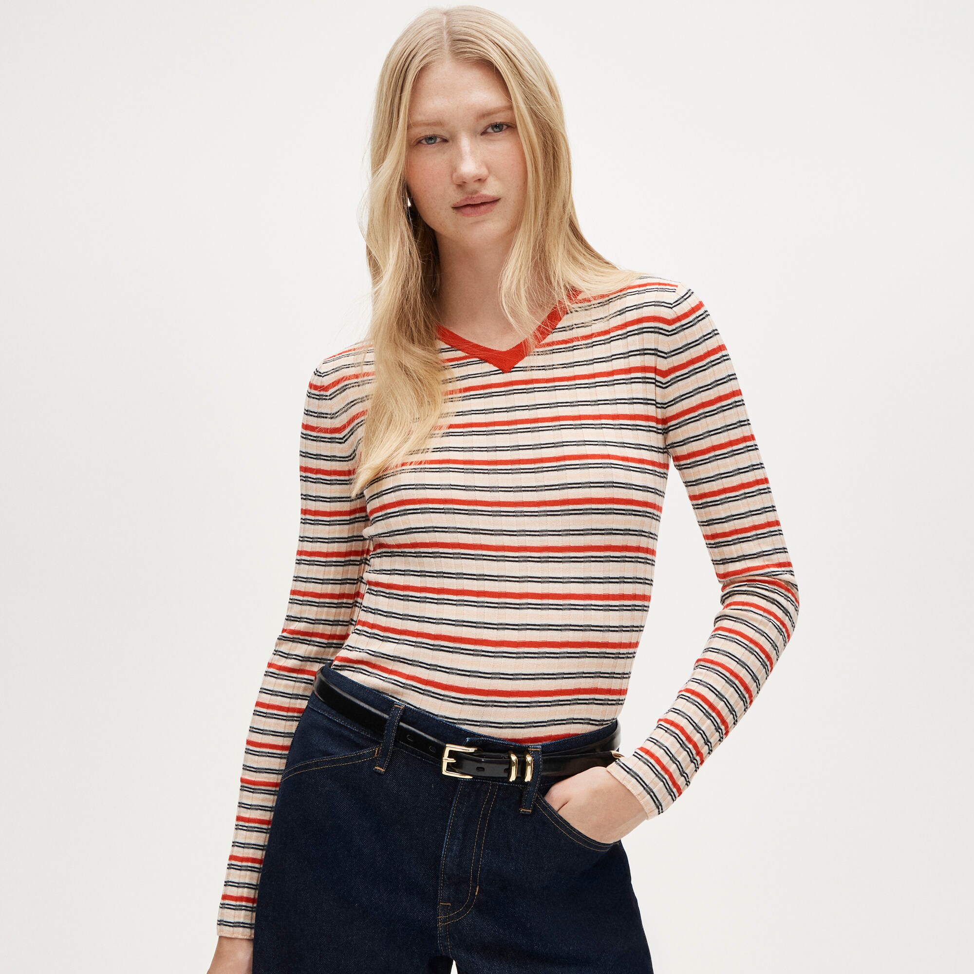 Wide-rib high V-neck sweater in striped merino wool