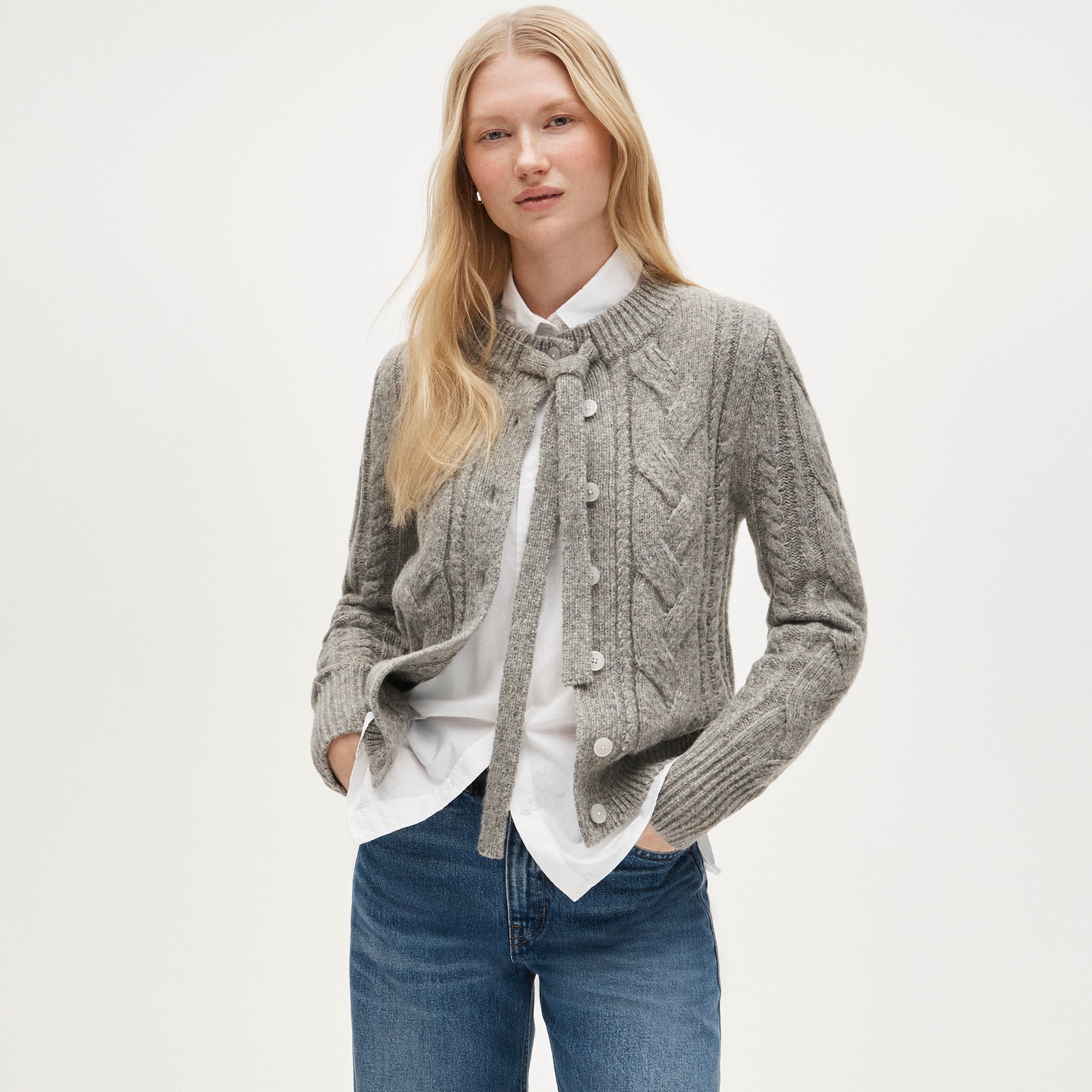 Cable-knit bow cardigan in wool blend - image 2