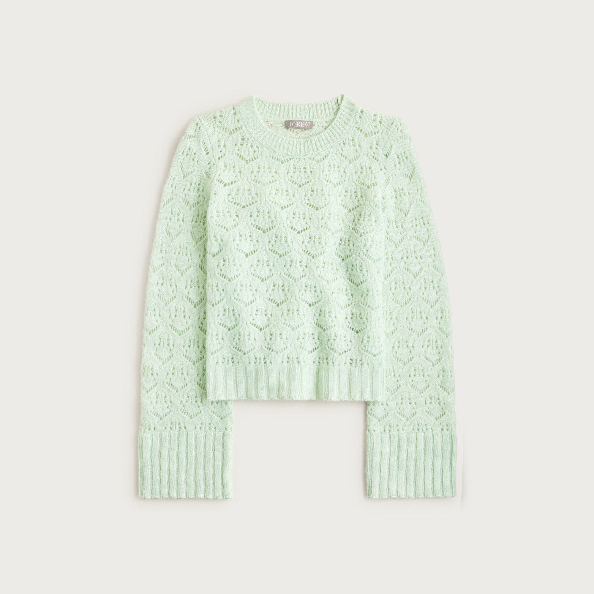 Wide-sleeve pointelle crewneck sweater in merino wool