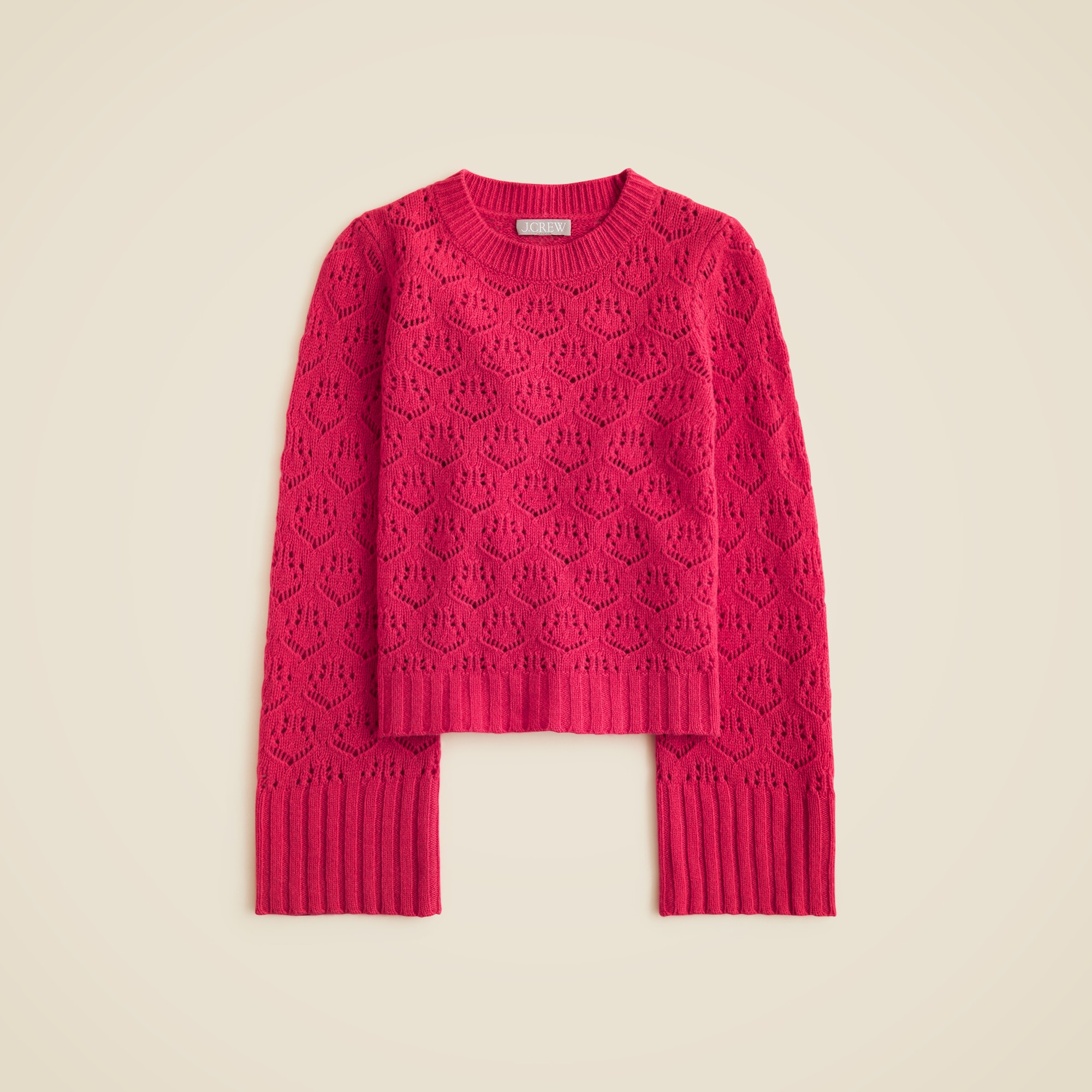  Wide-sleeve pointelle crewneck sweater in merino wool