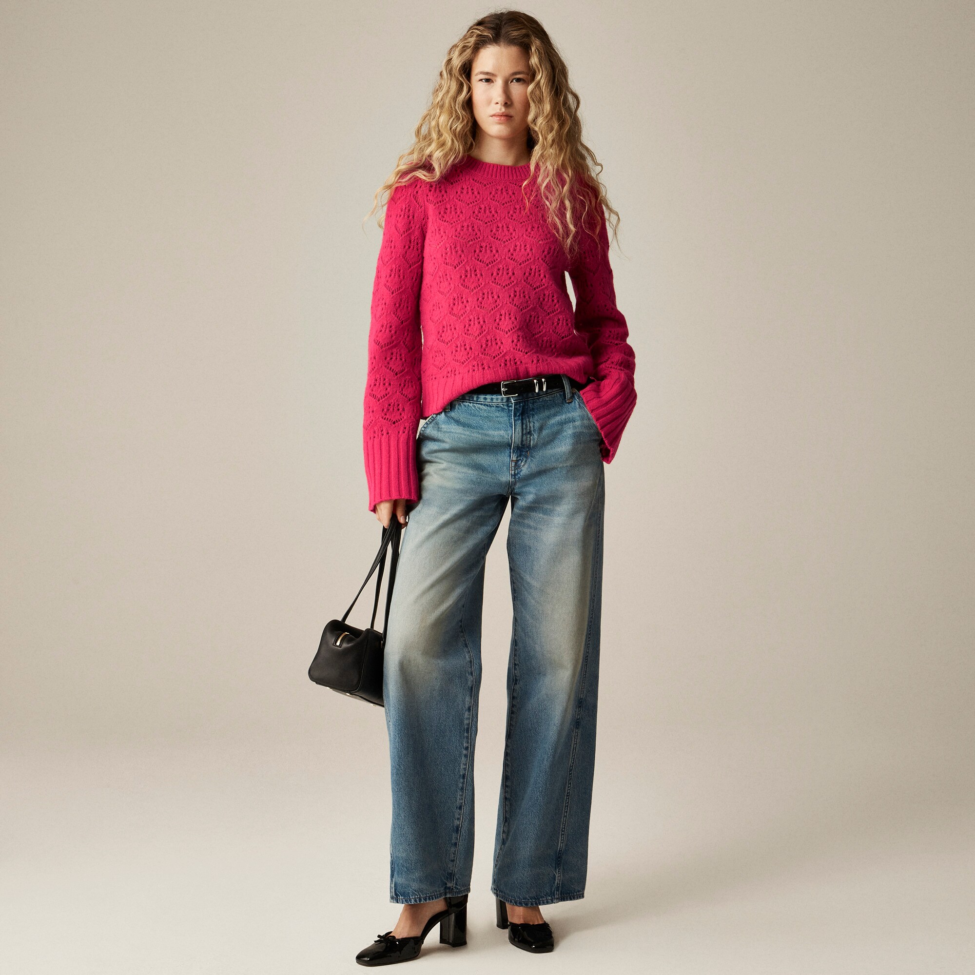 Wide-sleeve pointelle crewneck sweater in merino wool