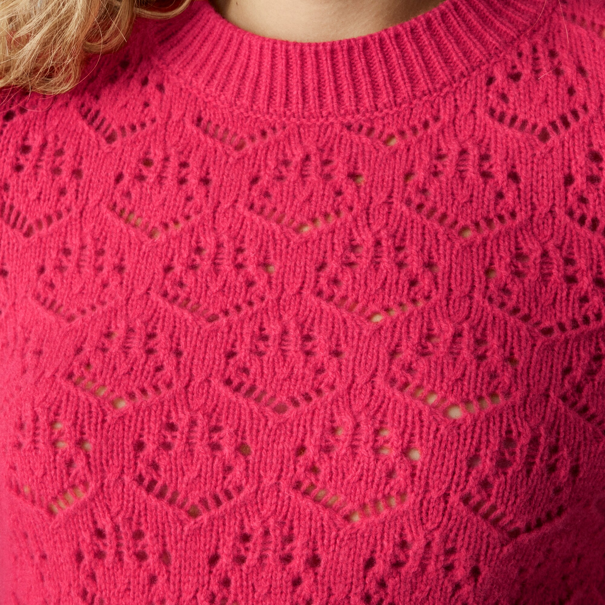 Wide-sleeve pointelle crewneck sweater in merino wool