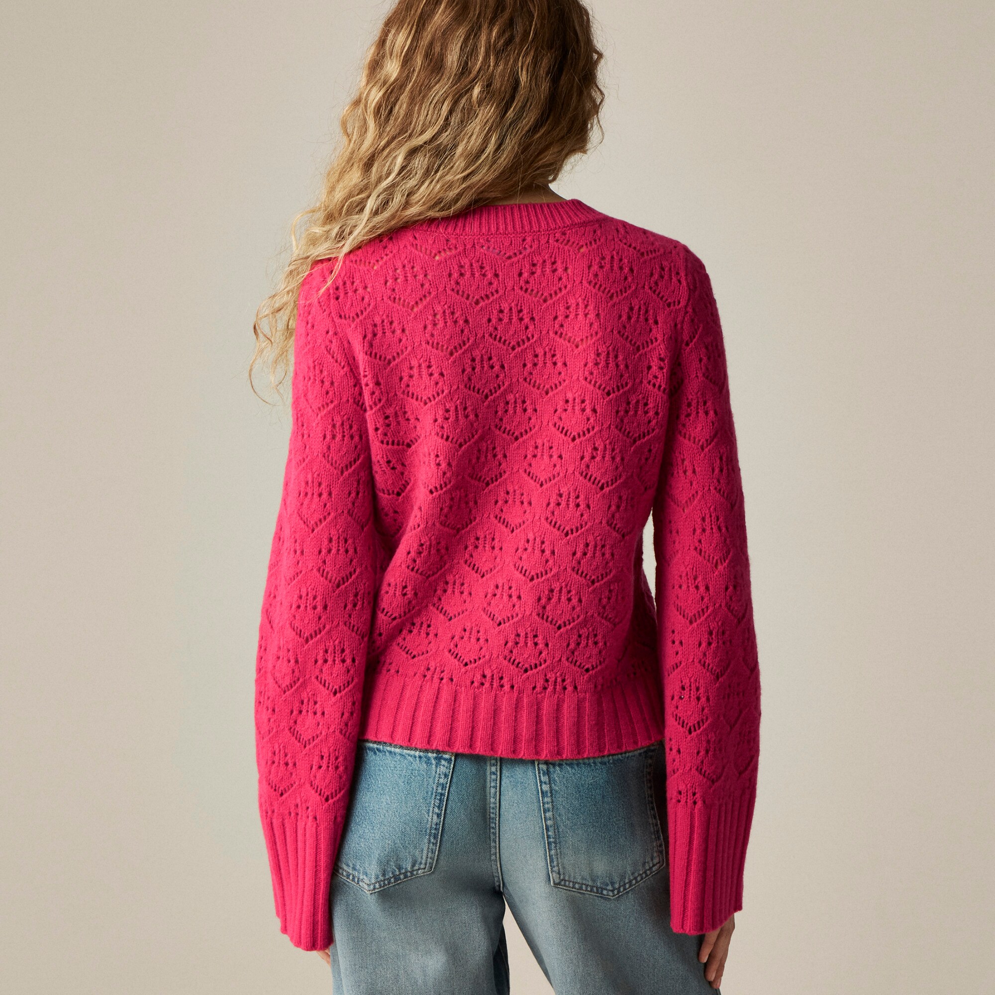 Wide-sleeve pointelle crewneck sweater in merino wool