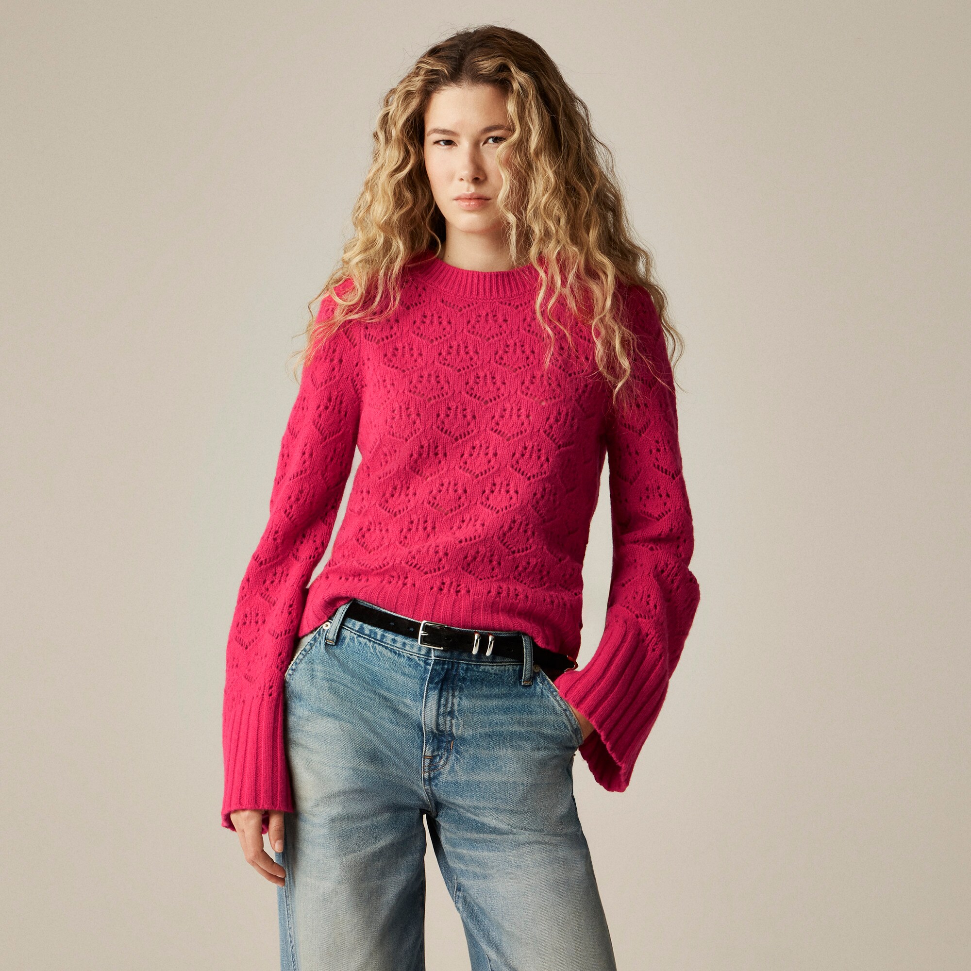 Wide-sleeve pointelle crewneck sweater in merino wool
