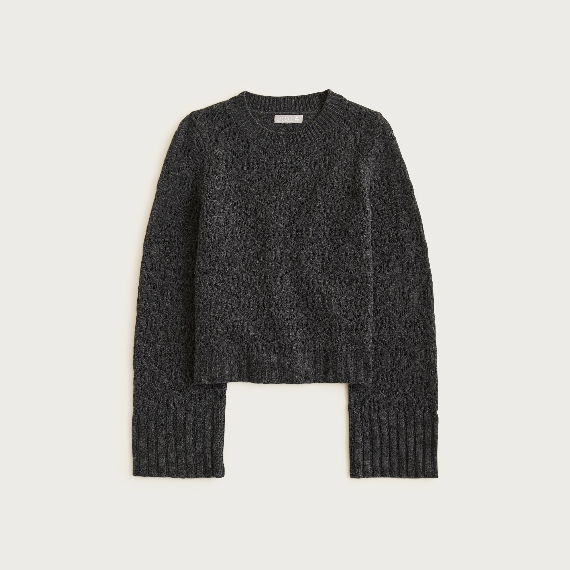 Wide-sleeve pointelle crewneck sweater in merino wool