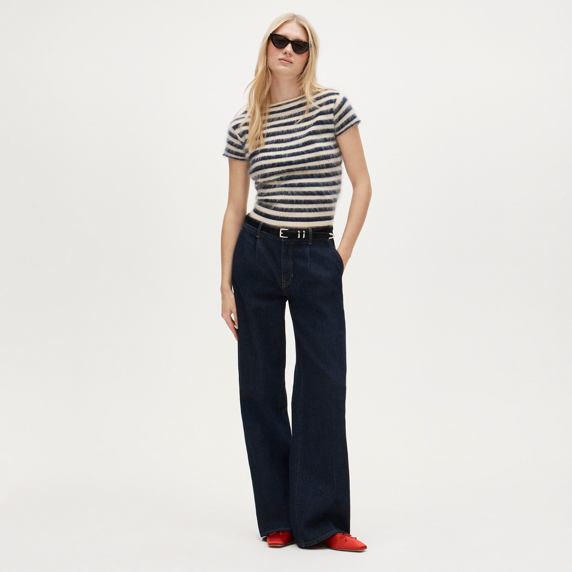 Brushed cashmere boatneck T-shirt in stripe