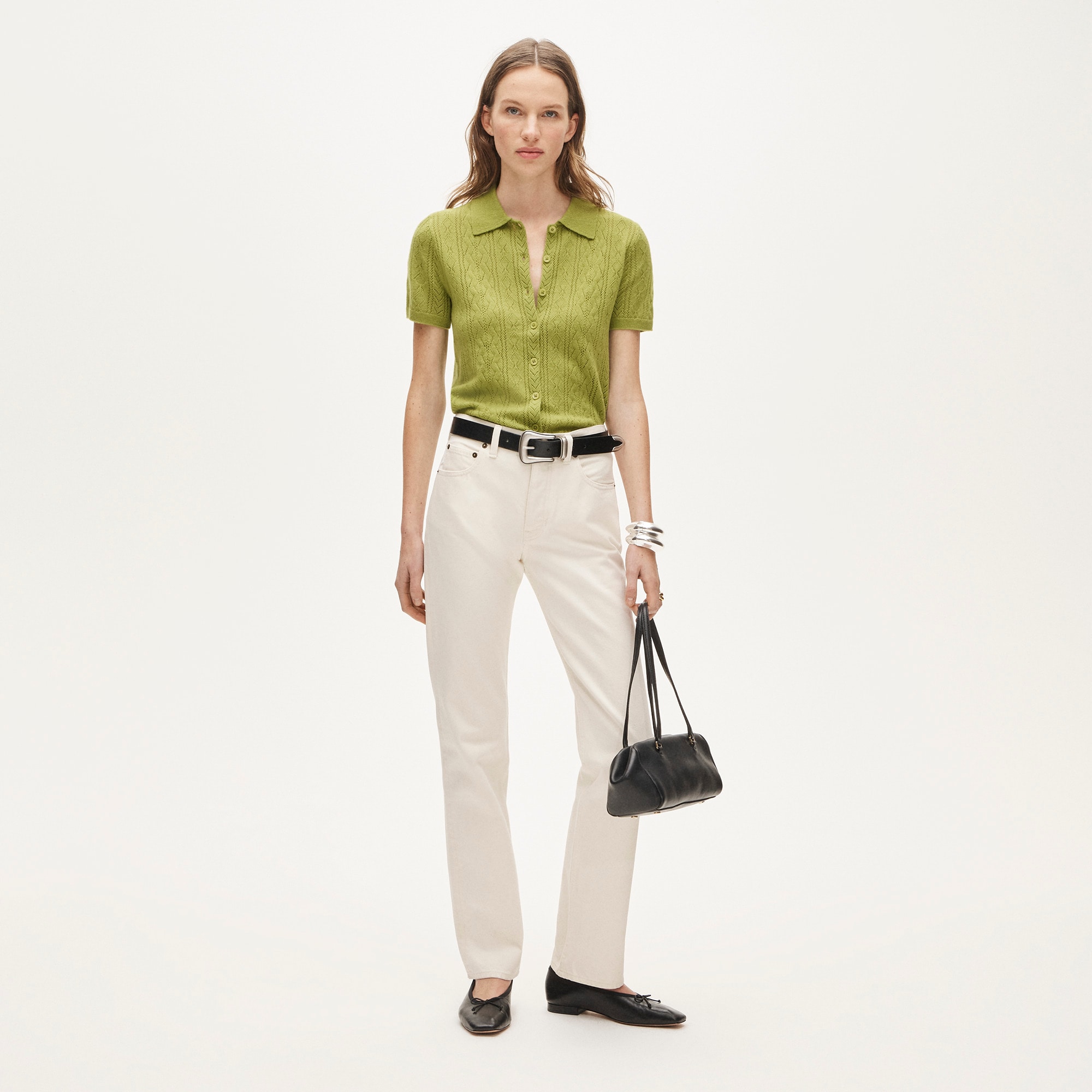 Cashmere pointelle button-up short-sleeve cardigan - image 3