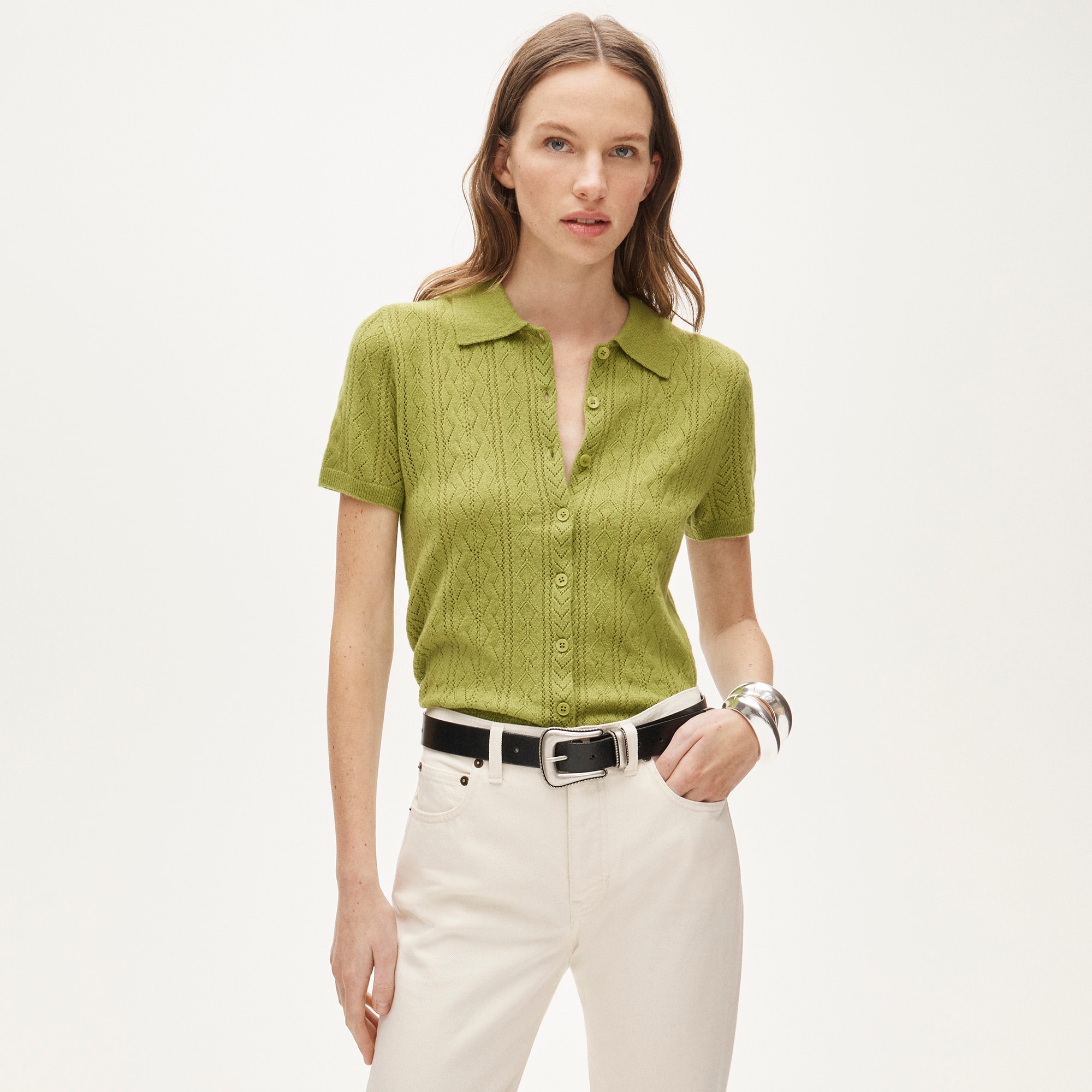 womens Cashmere pointelle button-up short-sleeve cardigan