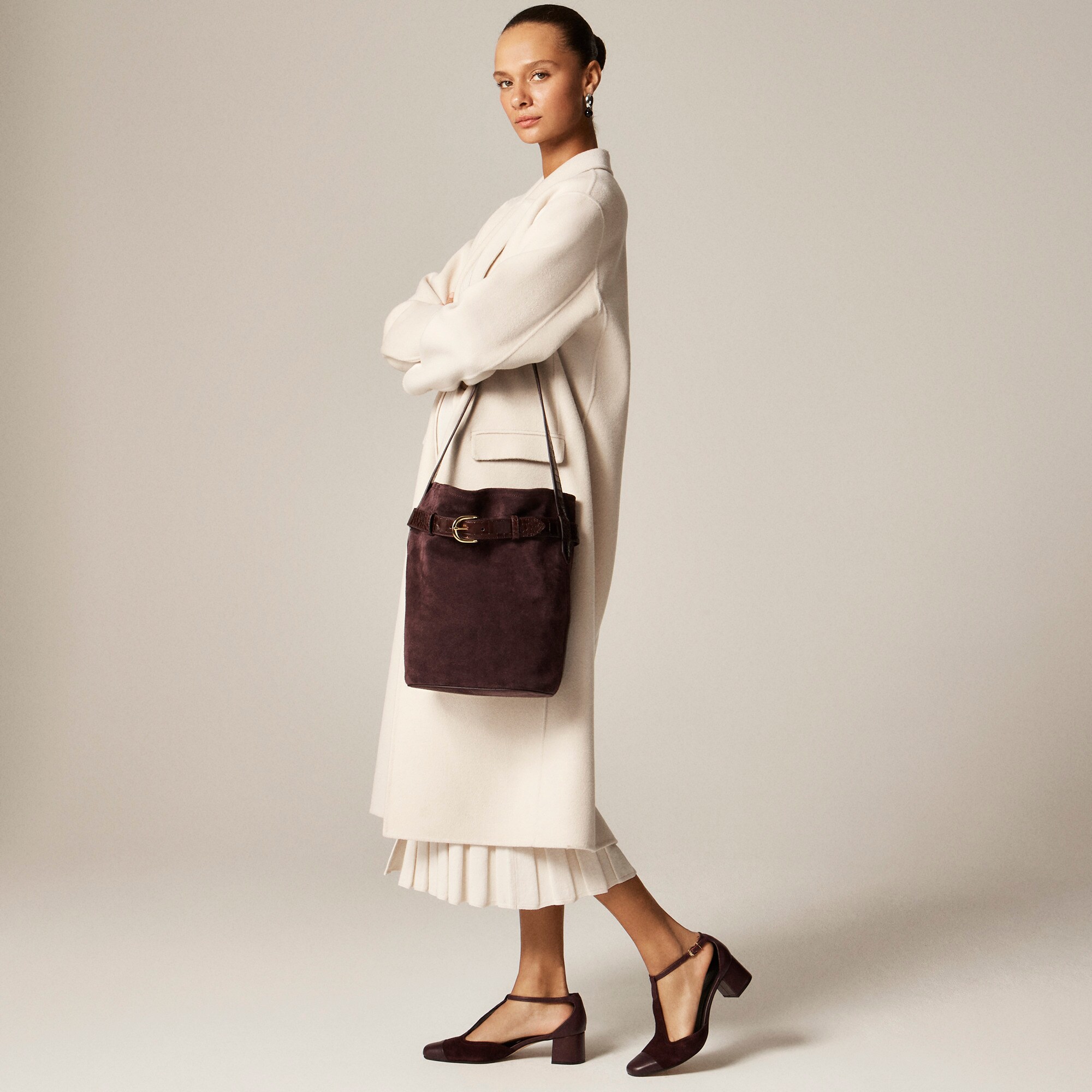 Berkeley belted bucket bag in suede and croc-embossed leather