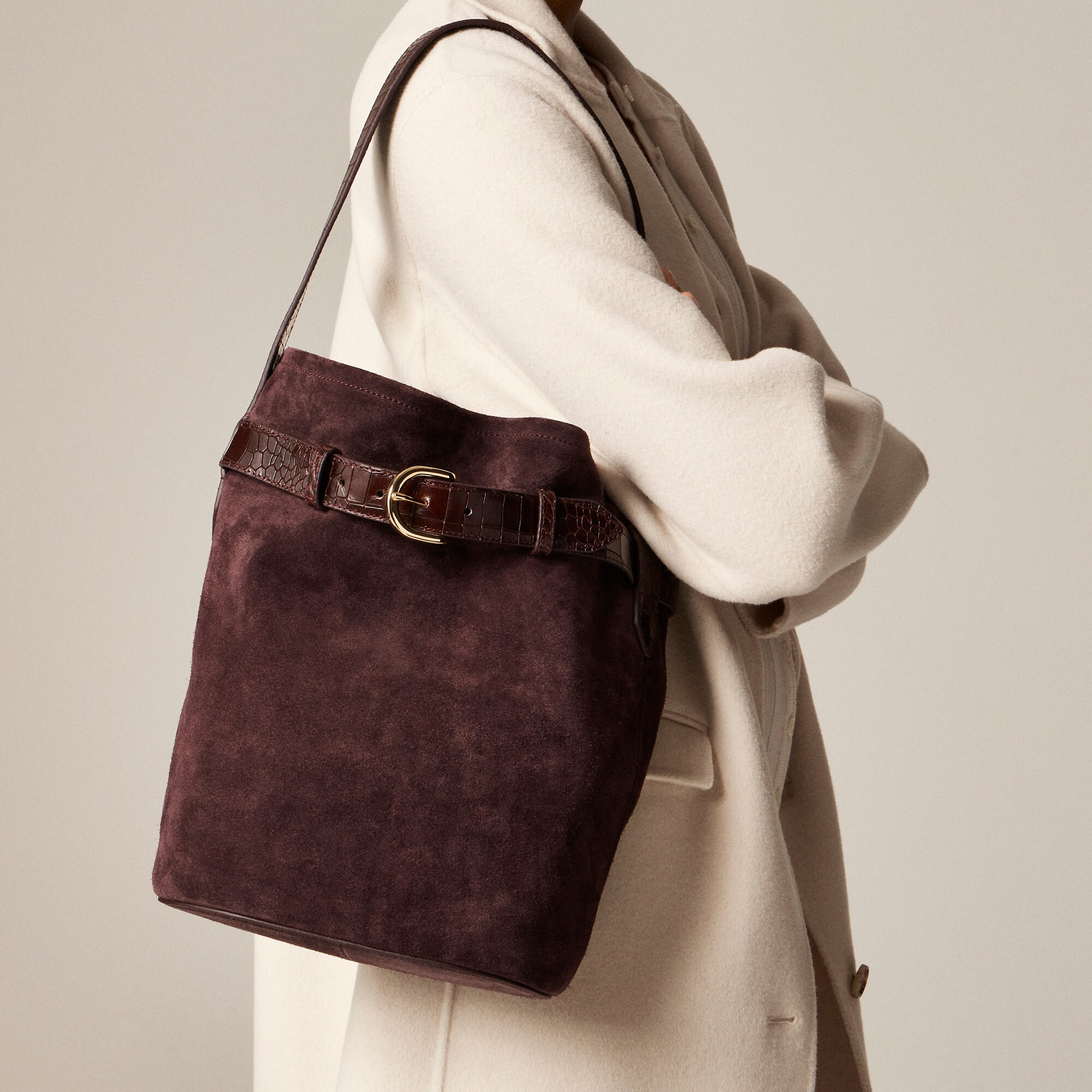  Berkeley belted bucket bag in suede and croc-embossed leather