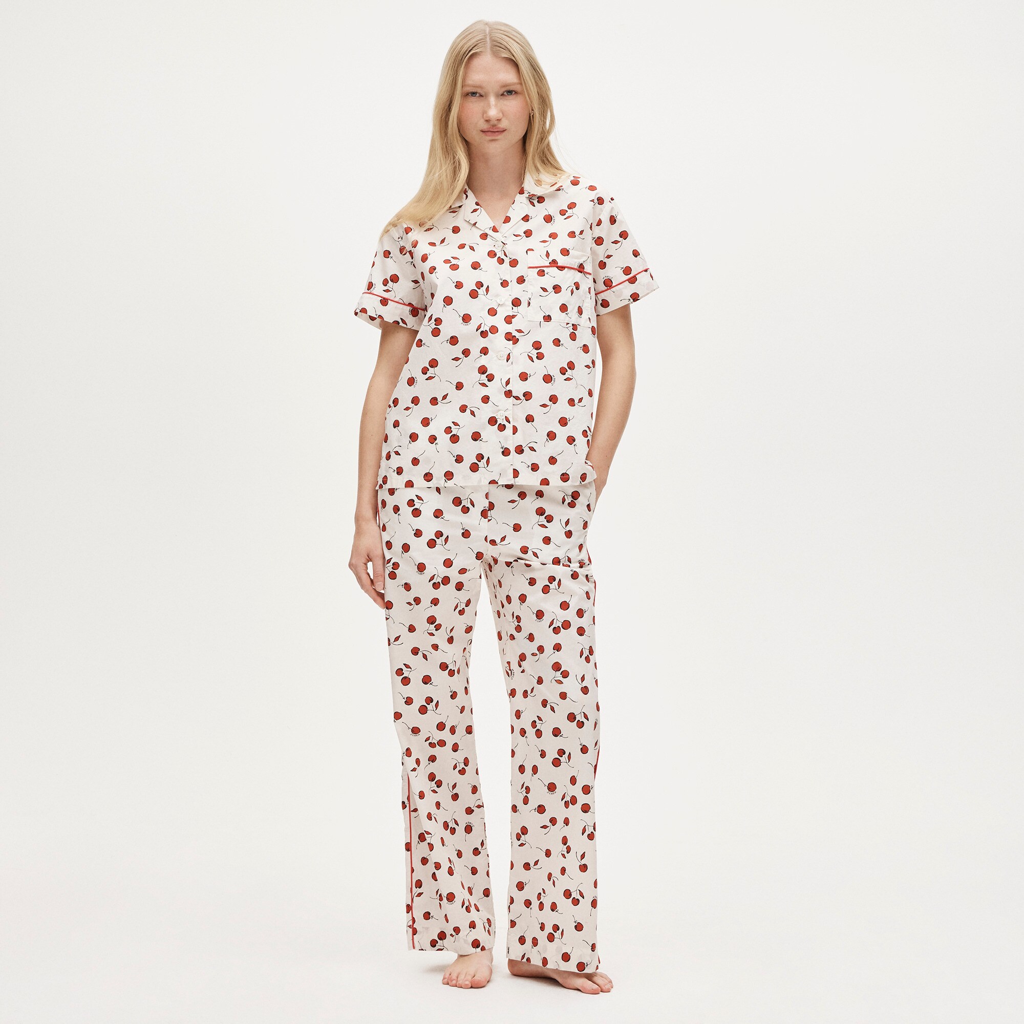  Cotton poplin pajama pant set in cherry print