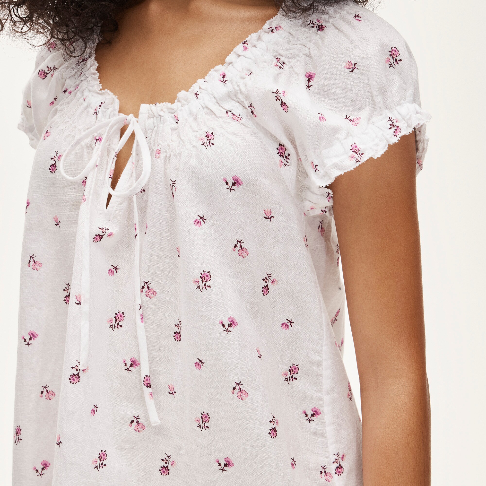 Tie-front mini nightgown in floral-print linen-cotton blend