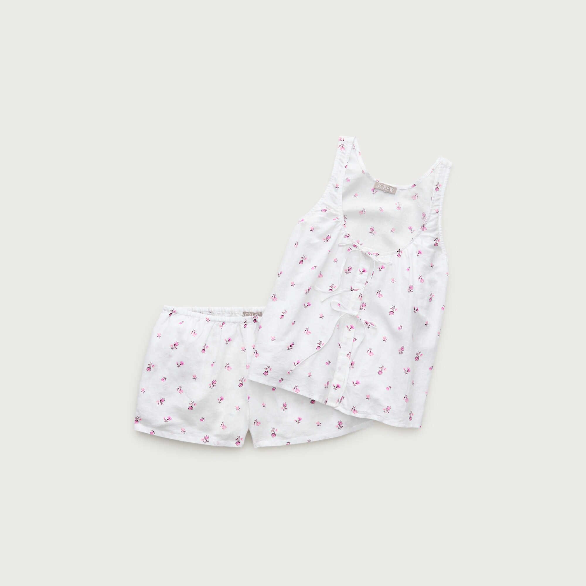 Tie-front pajama short set in floral-print linen-cotton blend