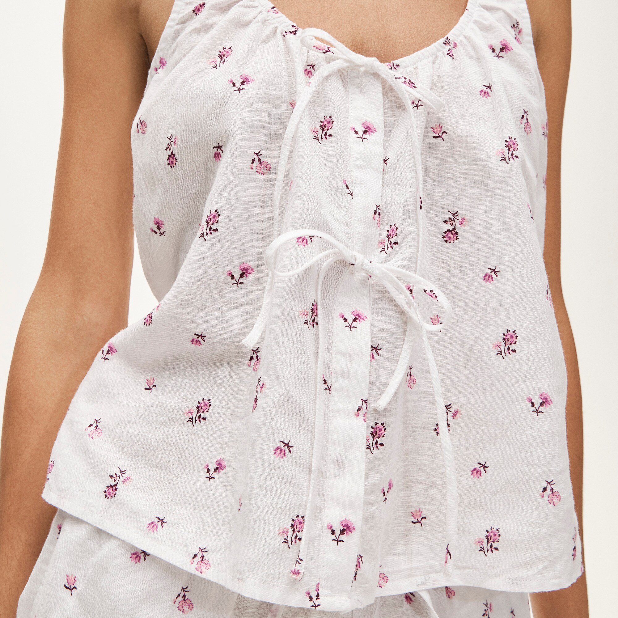 Tie-front pajama short set in floral-print linen-cotton blend