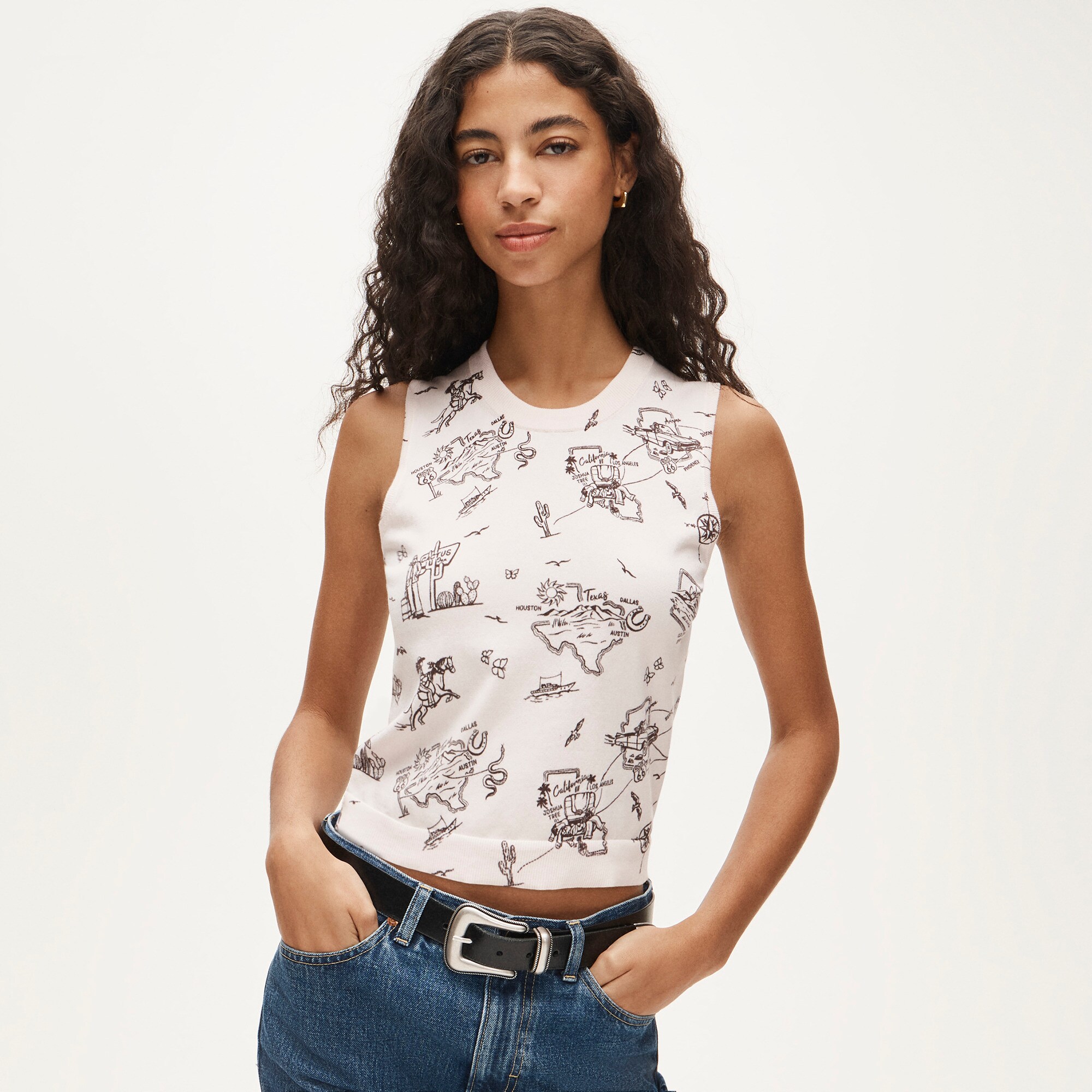  Jackie sweater shell in road trip&ndash;print premium ultra-fine cotton blend