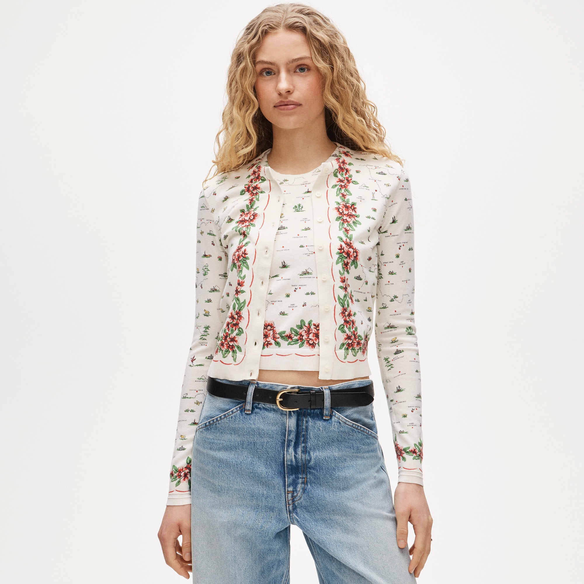 Jackie cardigan in map-print premium ultra-fine cotton blend