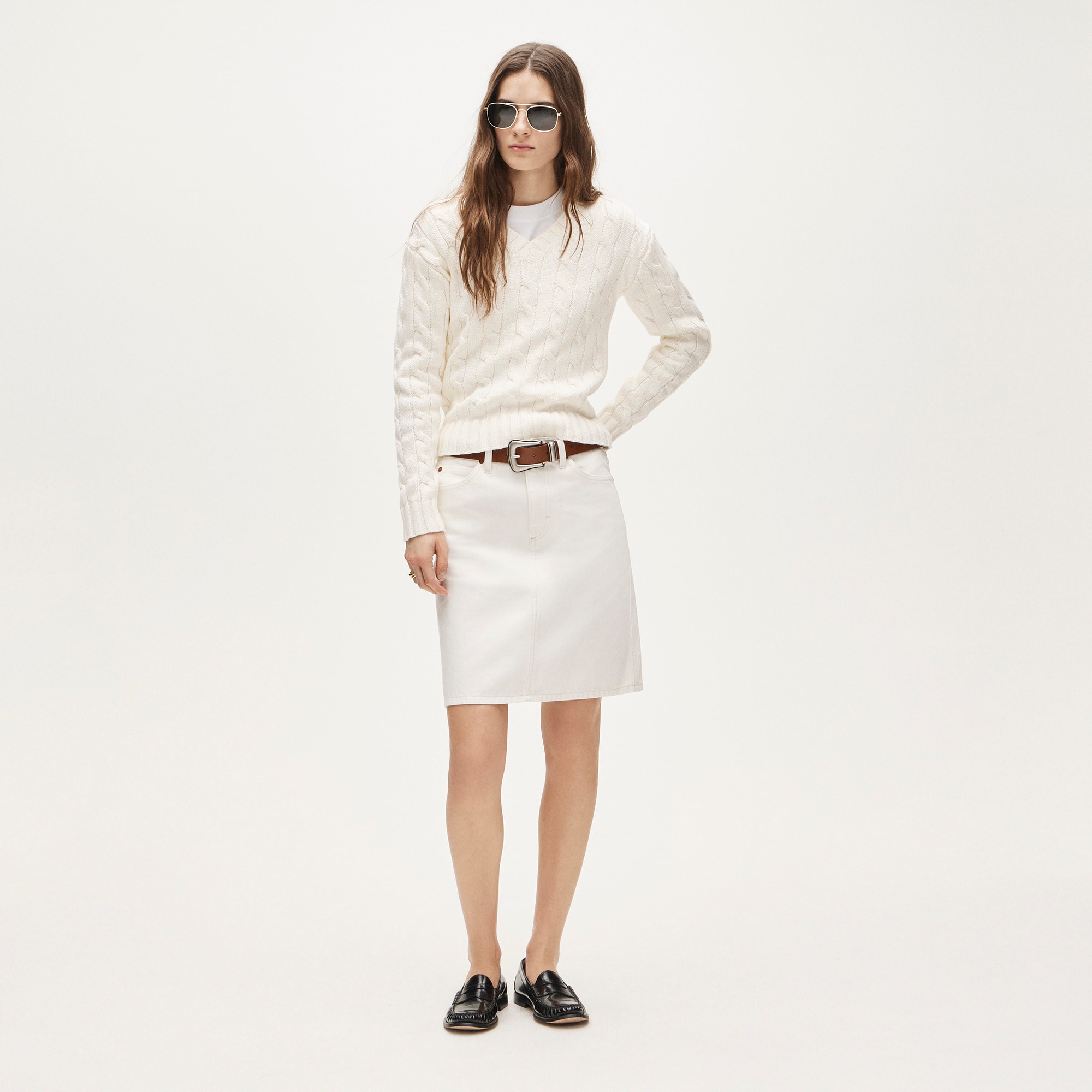 Cable-knit high V-neck sweater in heritage cotton