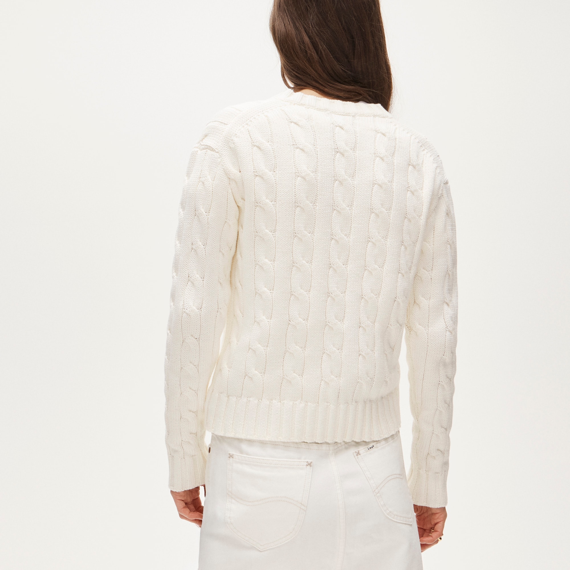 Cable-knit high V-neck sweater in heritage cotton
