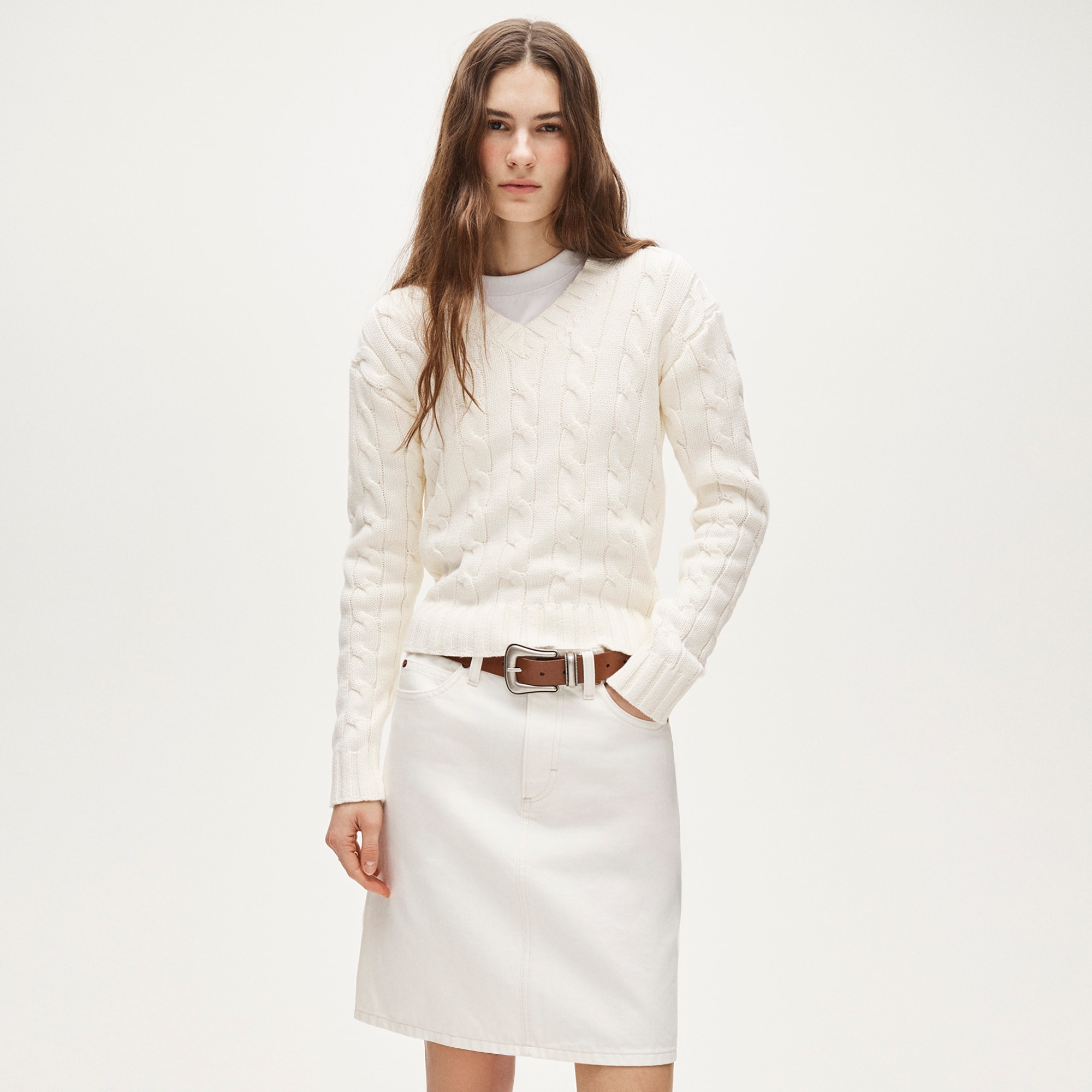  Cable-knit high V-neck sweater in heritage cotton