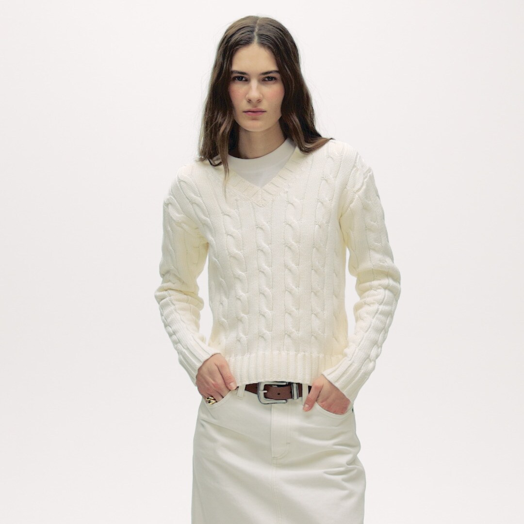 Cable-knit high V-neck sweater in heritage cotton