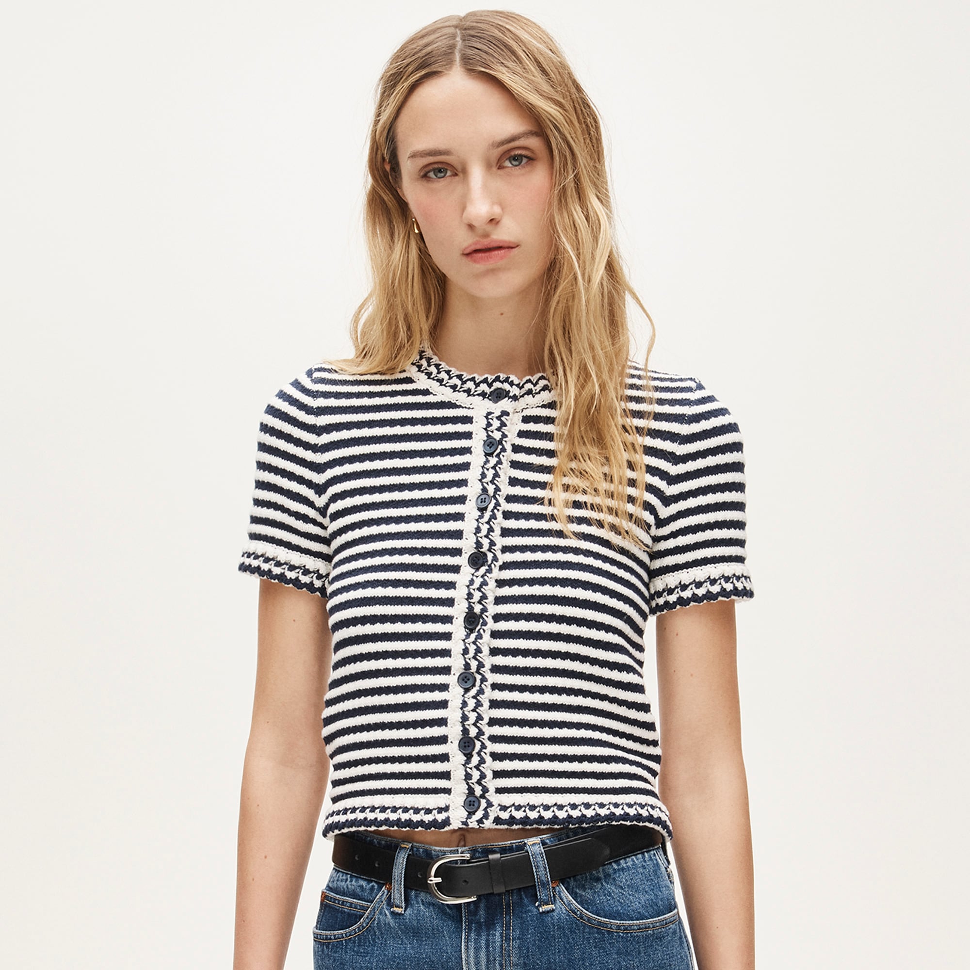 Crochet short-sleeve cardigan in stripe - image 2