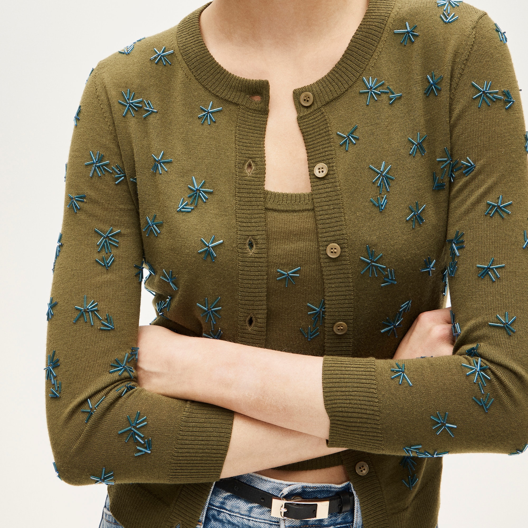 Collection Crewneck Cardigan In Merino Wool With Embellishments