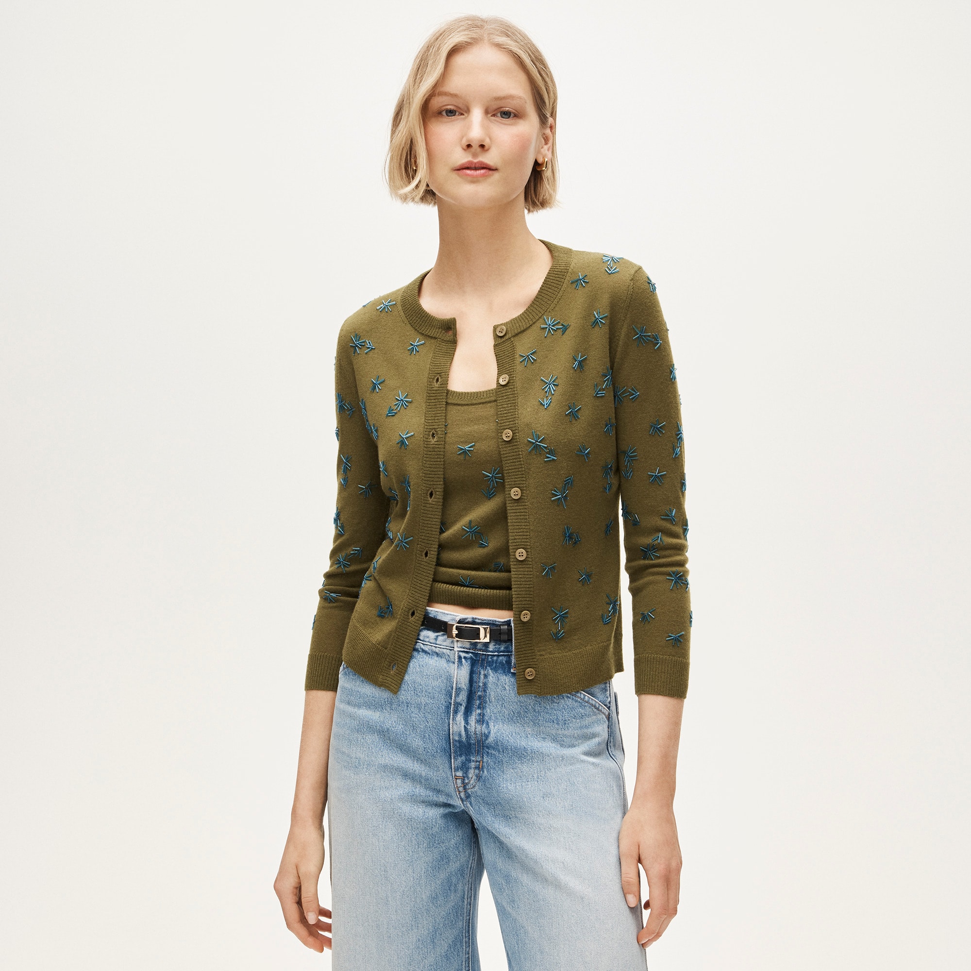Collection crewneck cardigan in merino wool with embellishments
