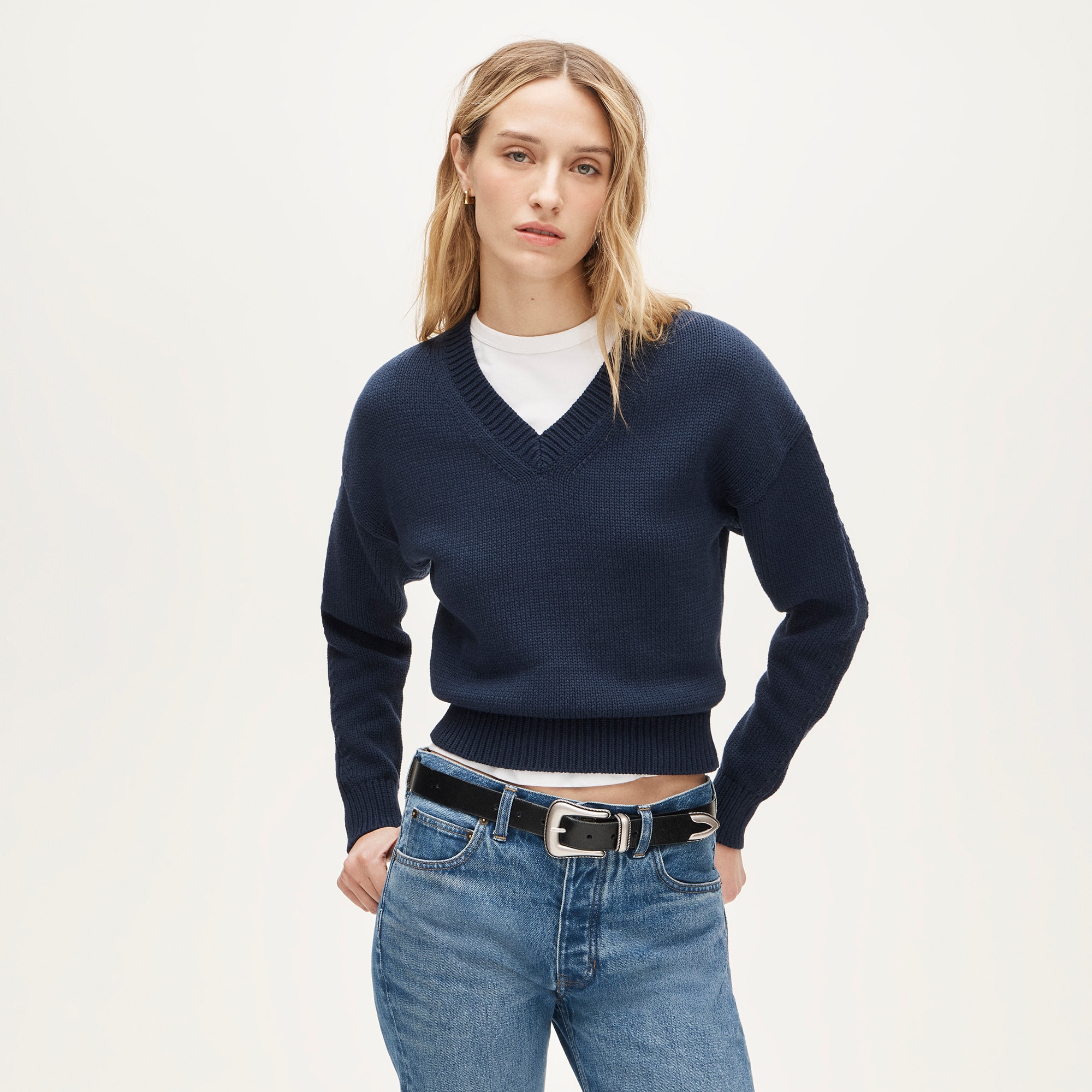 Cotton-blend V-neck pullover sweater
