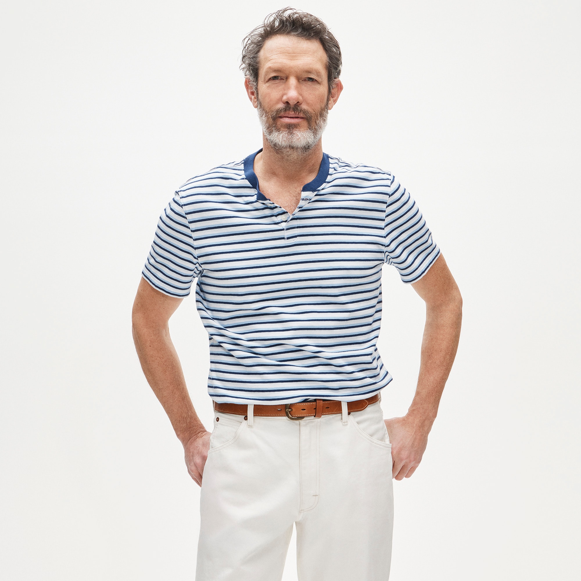  Short-sleeve vintage-wash cotton henley in stripe