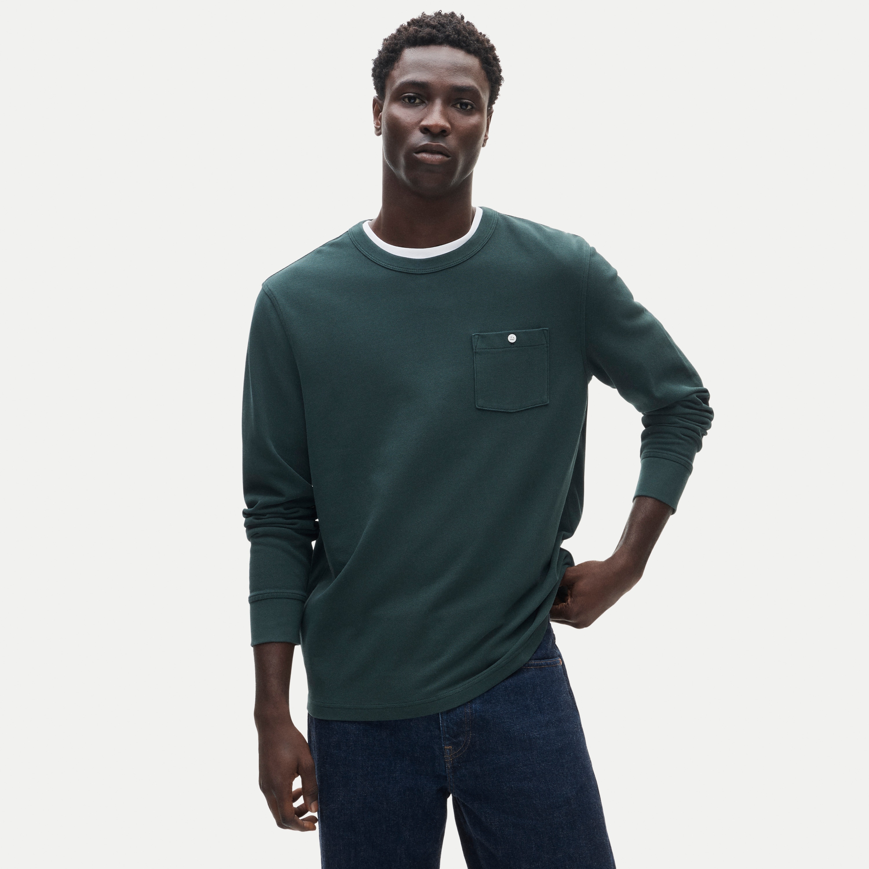 Washed piqué long-sleeve pocket T-shirt