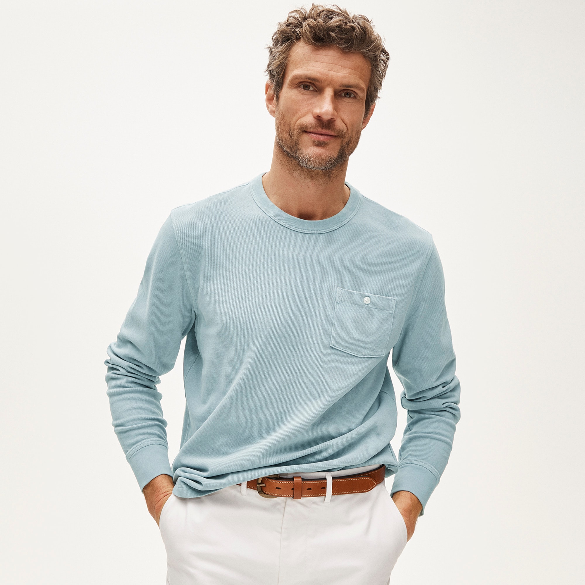 Washed piqué long-sleeve pocket T-shirt