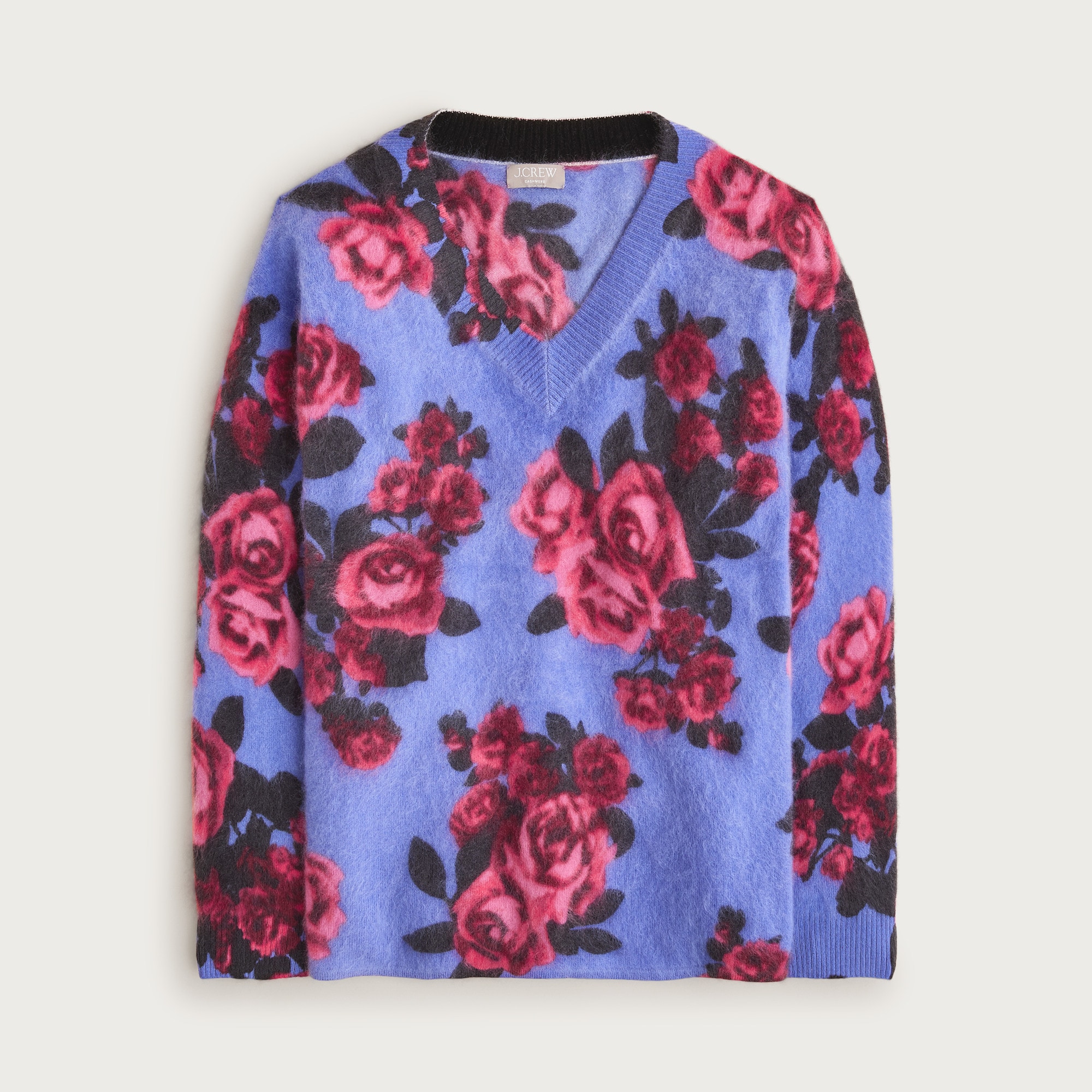 Brushed cashmere relaxed V-neck sweater in floral print