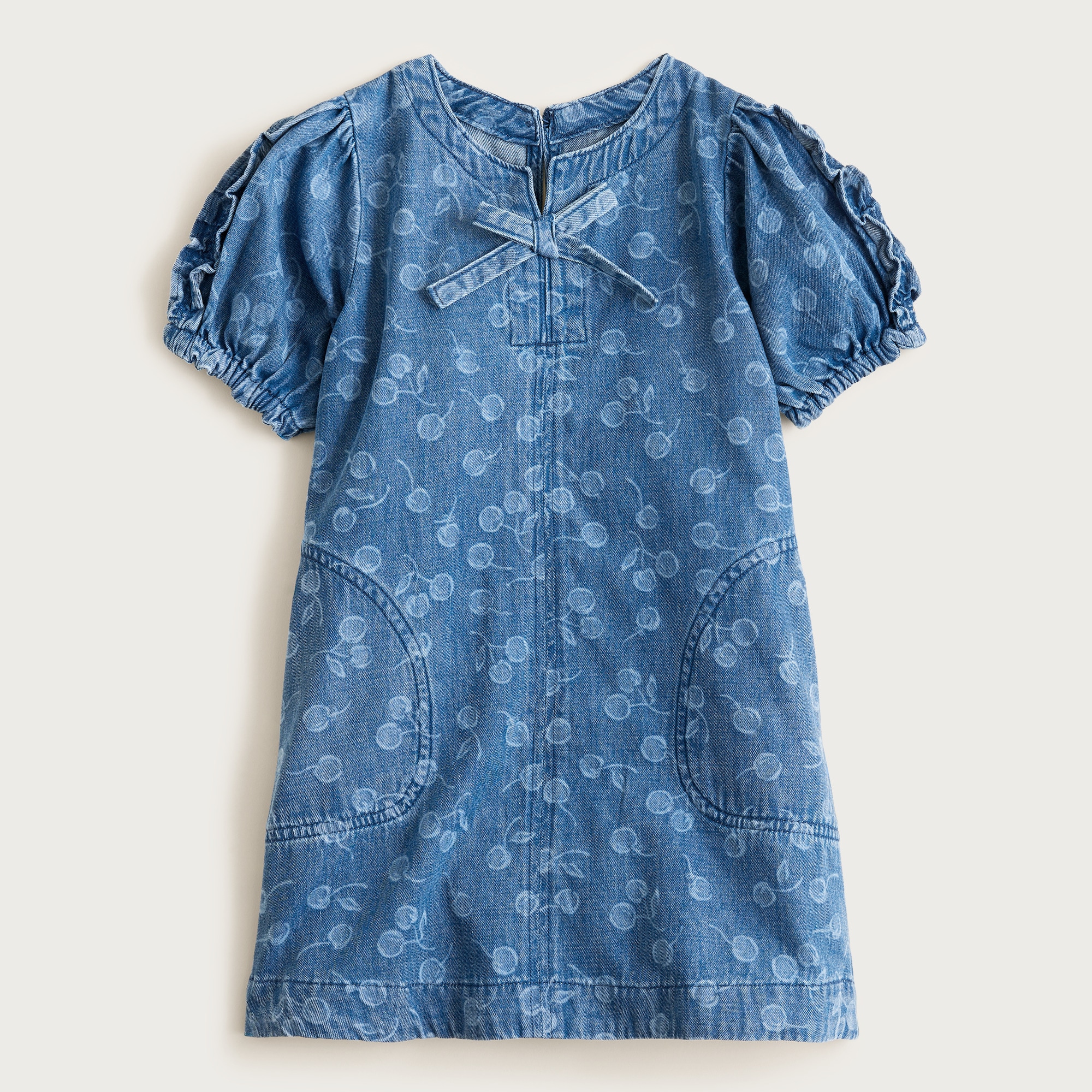Girls' puff-sleeve cherry dress in drapey denim
