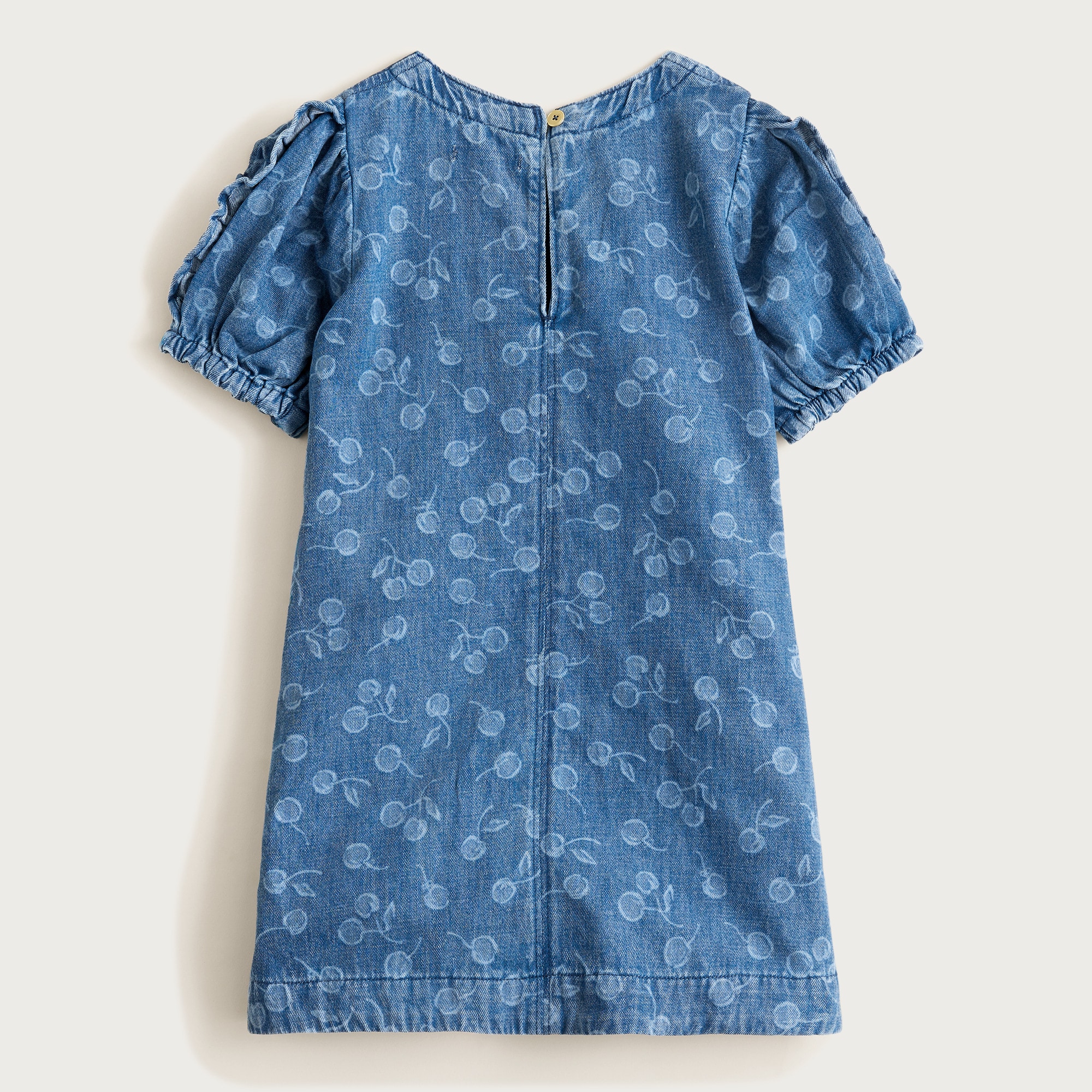 Girls' puff-sleeve cherry dress in drapey denim