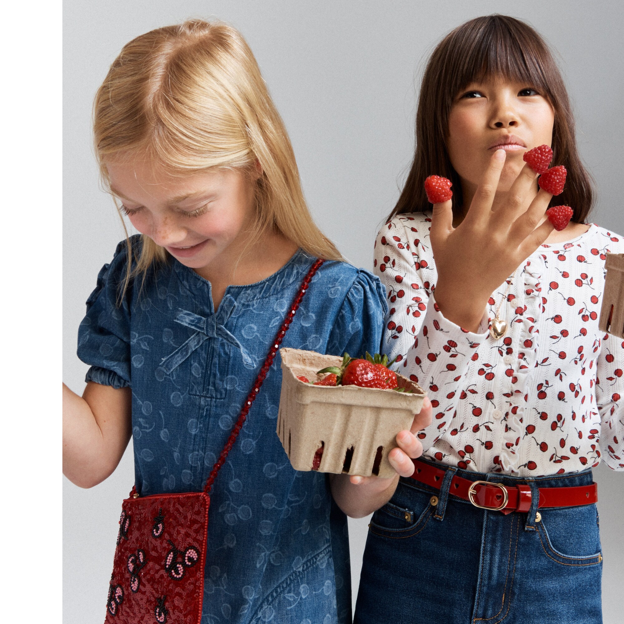 Girls' puff-sleeve cherry dress in drapey denim
