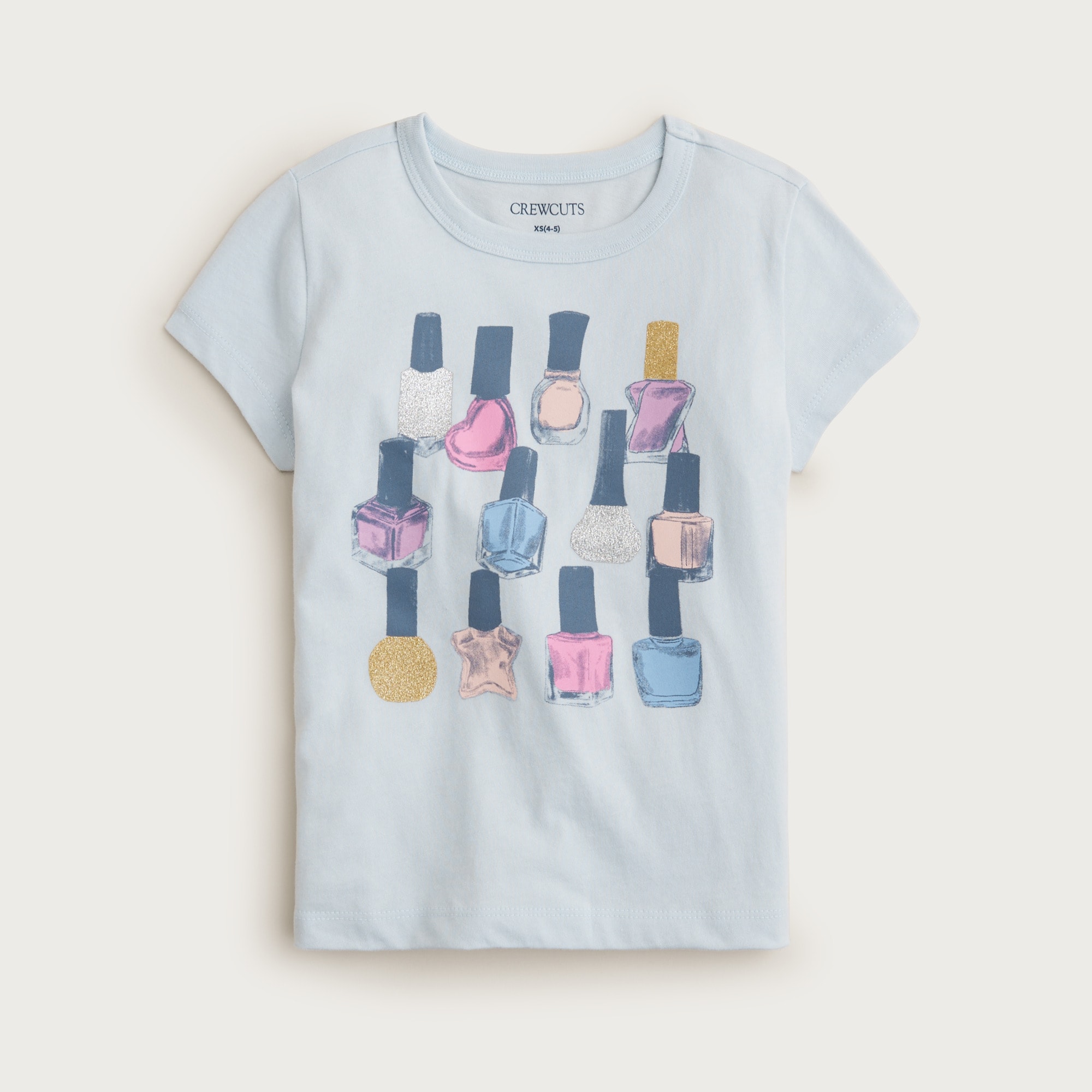 Girls' short-sleeve nail polish graphic T-shirt with glitter