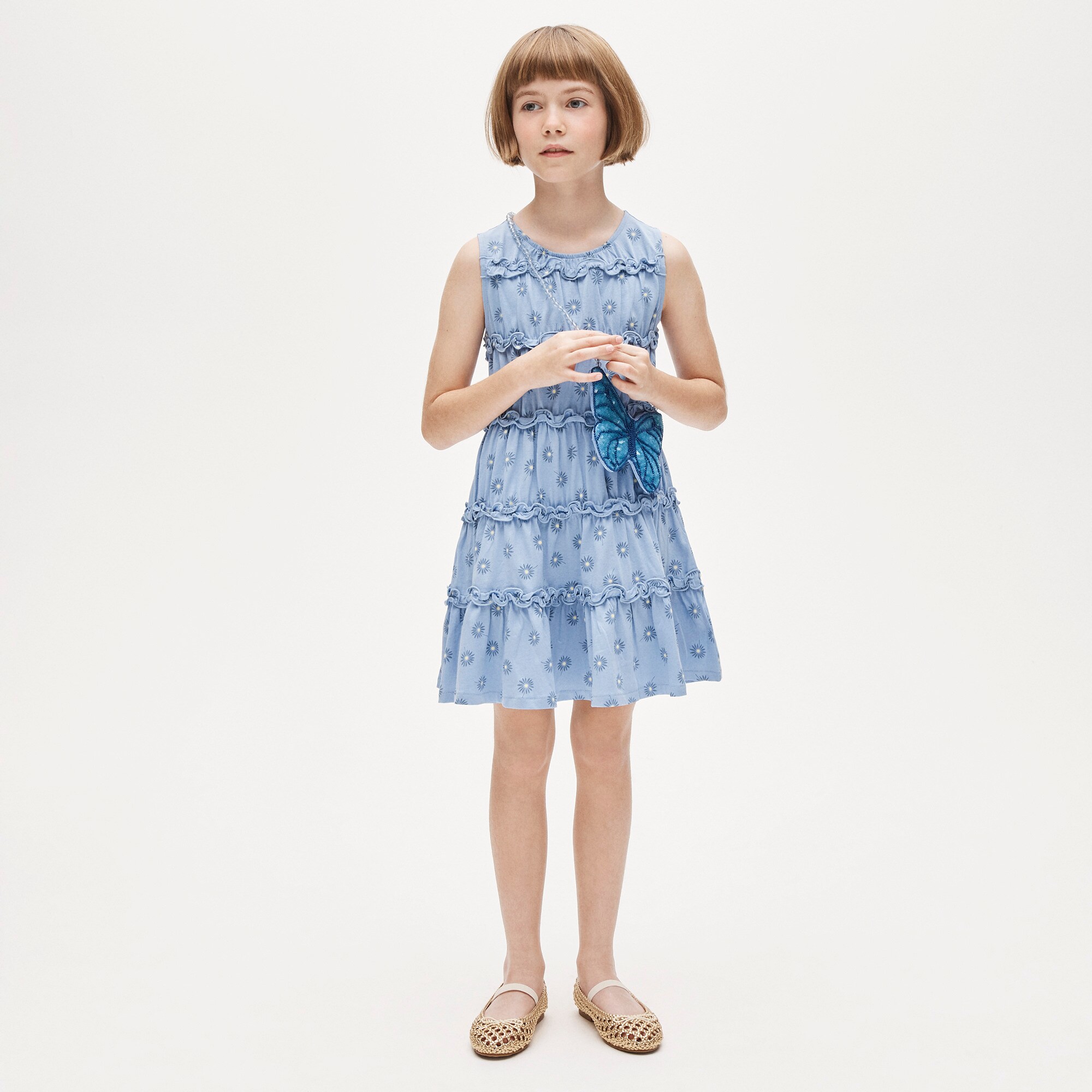 Girls' tiered lettuce-edge dress in broken-in jersey