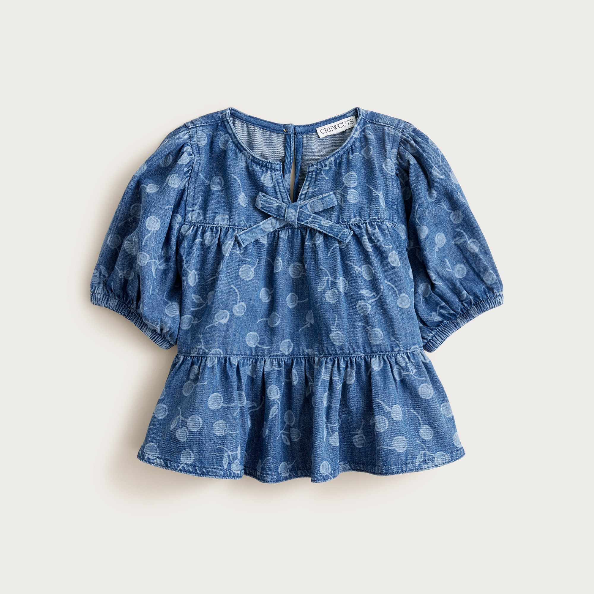 Girls' puff-sleeve cherry top in drapey denim