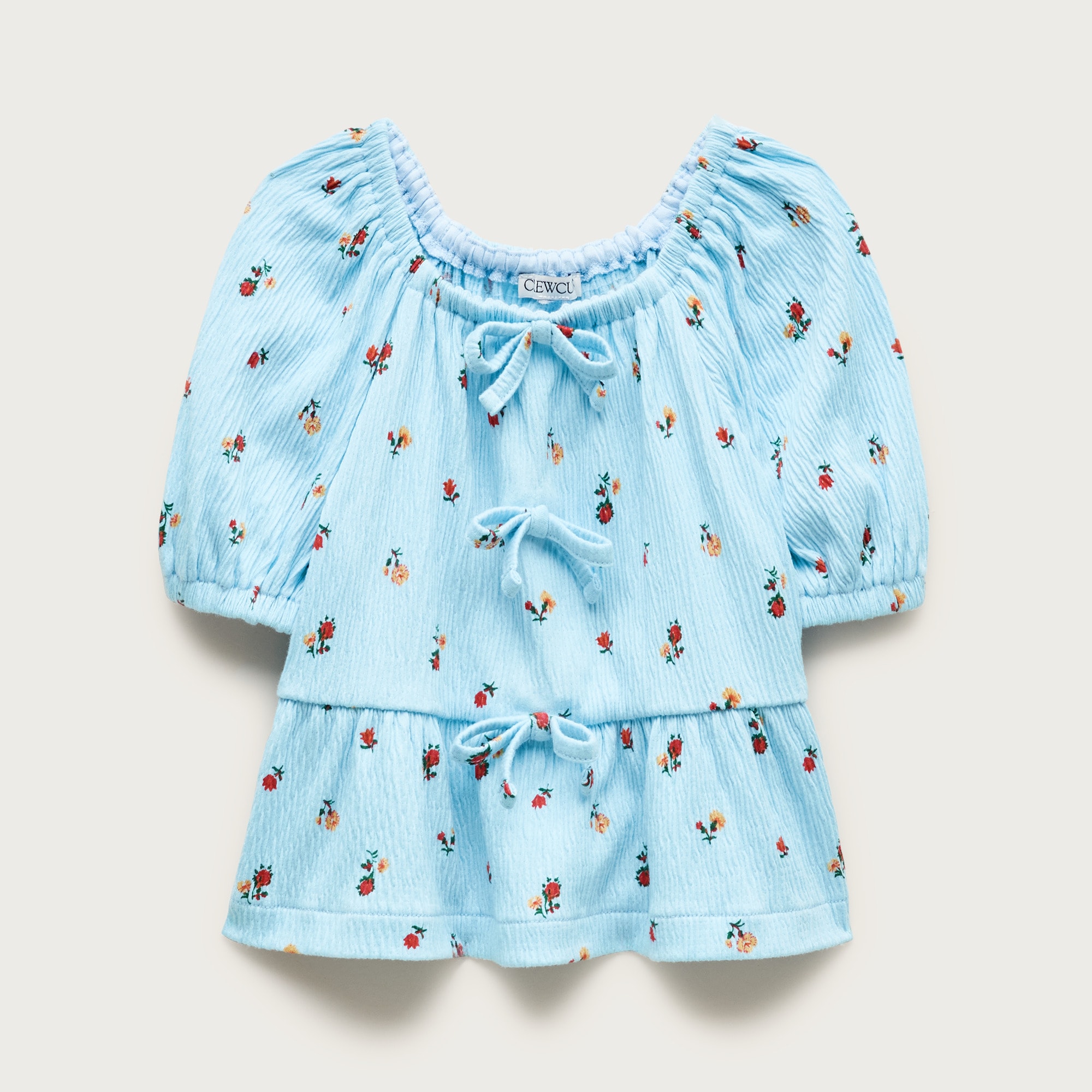 Girls' puff-sleeve top in crinkle jersey